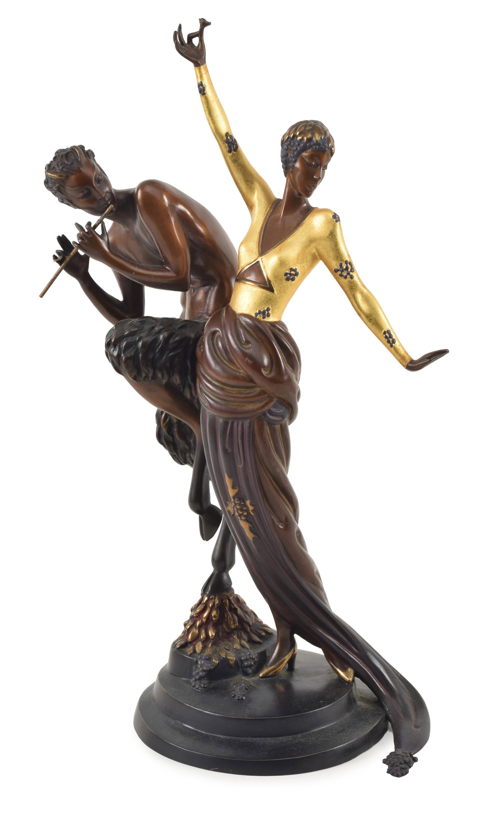 Erte. "Woman and Satyr" Art Deco style patinated bronze sculpture. Dancing woman with flowing dress: Erte. "Woman and Satyr" Art Deco style patinated bronze sculpture. Dancing woman with flowing dress and gilt shirt adorned with grape clusters. Numbered 293/375 and marked along bottom side edge of ba