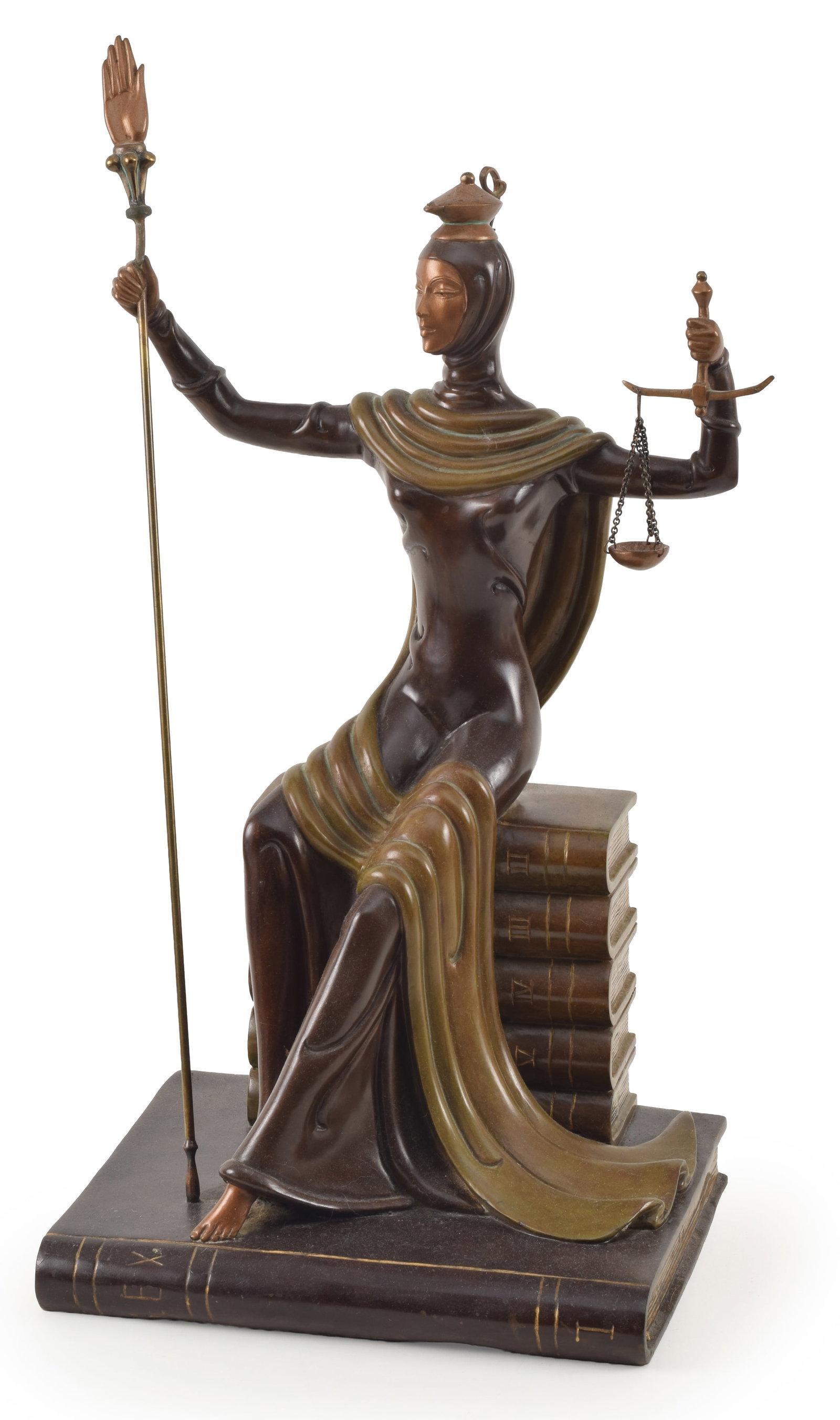 Erte. "Justice" Art Deco style patinated bronze sculpture. Numbered 157/500 and marked on back side: Erte. "Justice" Art Deco style patinated bronze sculpture. Numbered 157/500 and marked on back side of base. Signed above. Dated 1984. Small loss to lamp on head. Scale missing one balance. 19.5in hig