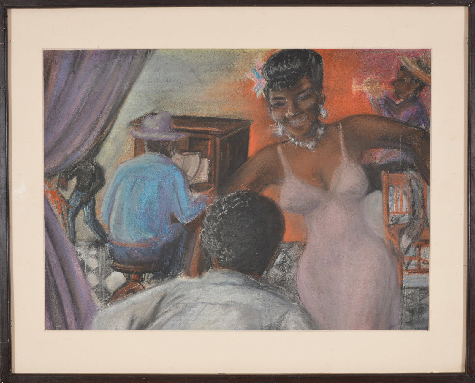 Early 20th century African American jazz club scene depicting several musicians and dancers. Pastel: Early 20th century African American jazz club scene depicting several musicians and dancers. Pastel on paper. Unsigned. Framed under glass. Sight: 16.75 x 23in. Overall: 23 x 28.5in.