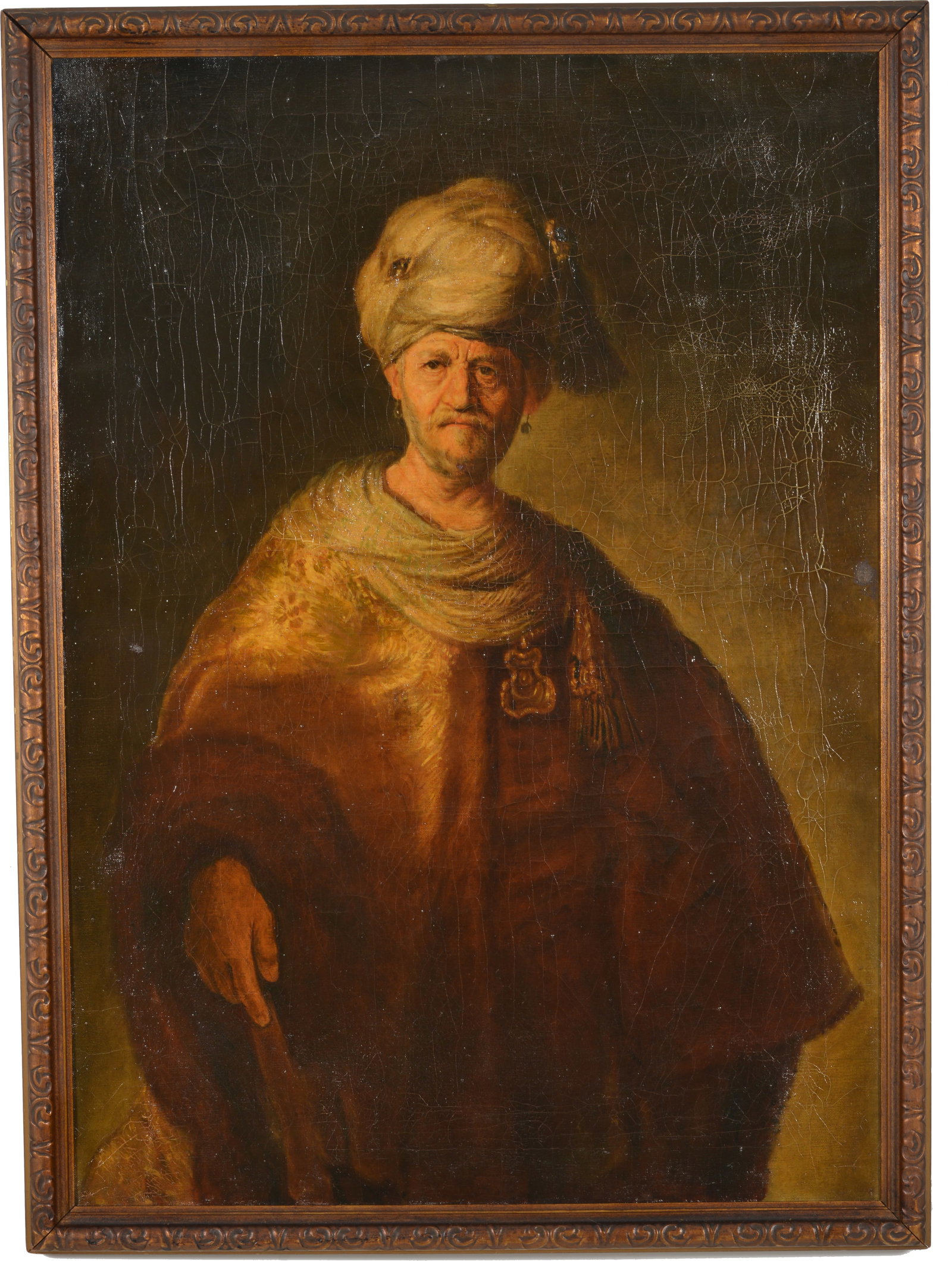 After Rembrant van Rijn, Late 19th Century. Man in Turban. Oil on canvas. Framed. Image size 45 x 32: After Rembrant van Rijn, Late 19th Century. Man in Turban. Oil on canvas. Framed. Image size 45 x 32 in. Overall size 48 x 35 in.