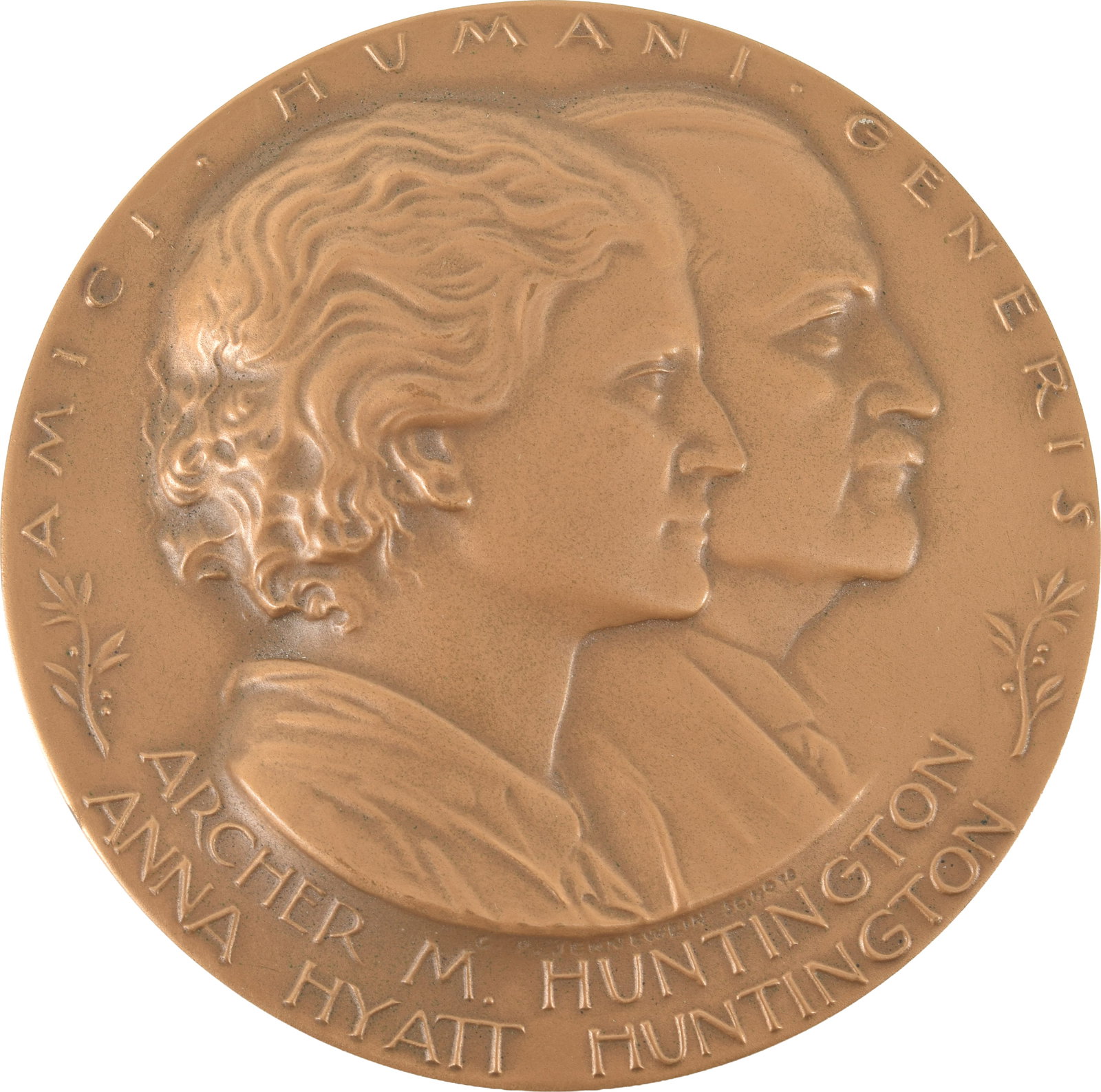 The Huntington Medal, Carl P. Jannewein. Patinated bronze depiction of Anna Hyatt Huntington and: The Huntington Medal, Carl P. Jannewein. Patinated bronze depiction of Anna Hyatt Huntington and Archer Milton Huntington opposite monumental statue of two horses. Inscribed MACO Danbury 1989 edge mar