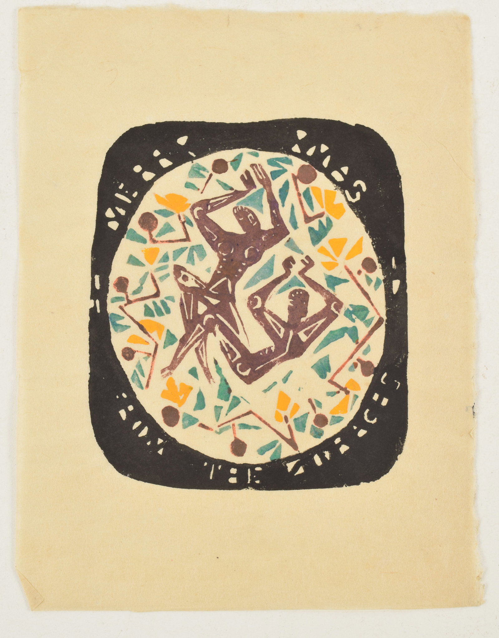 William Zorach. Color woodcut Christmas card with aboriginal style figural design. Sheet size: 8: William Zorach. Color woodcut Christmas card with aboriginal style figural design. Sheet size: 8 3/8in x 6 3/8in.