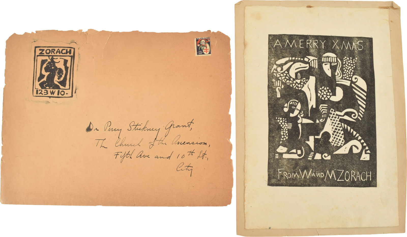 William Zorach. Woodcut. "A Merry Xmas" Christmas card from William and Marguerite Zorach. Sheet: William Zorach. Woodcut. "A Merry Xmas" Christmas card from William and Marguerite Zorach. Sheet size: 11 1/8 x 7 5/8in. Together with original mailing envelope, ca. 1920.