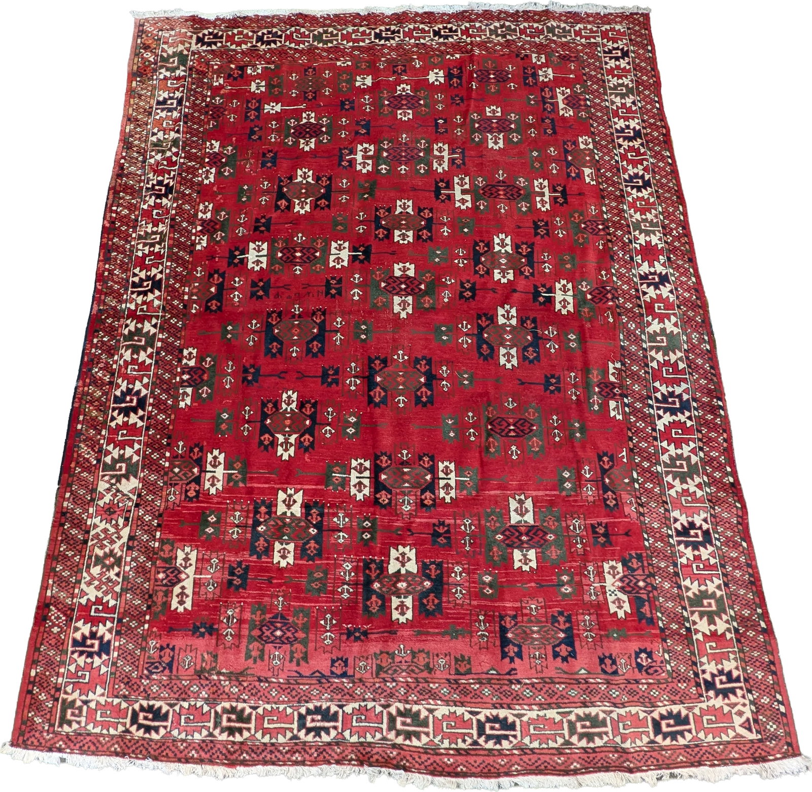 8' x 6' Semi-antique Turkmen hand knotted wool rug. Inscribed near center. 95 x 77in.: 8' x 6' Semi-antique Turkmen hand knotted wool rug. Inscribed near center. 95 x 77in.