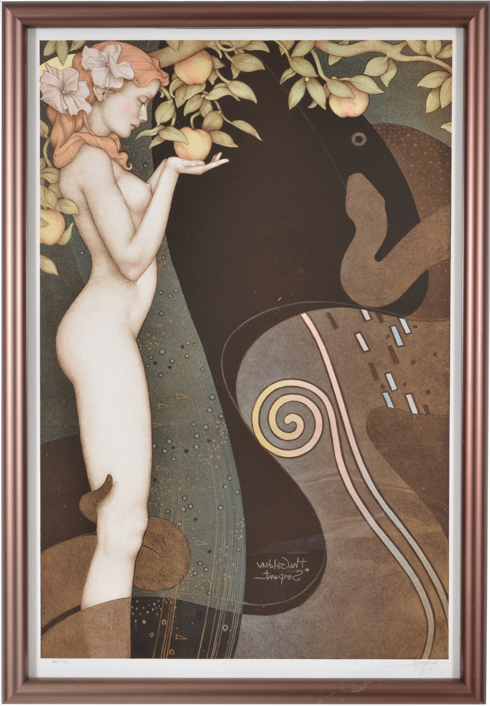 Michael Parkes. "The Golden Serpent". 2000. Surreal style allegorical scene with nude woman holding: Michael Parkes. "The Golden Serpent". 2000. Surreal style allegorical scene with nude woman holding an apple with lurking serpent. Stone lithograph on paper. Signed and numbered 39/120 lower margin. B