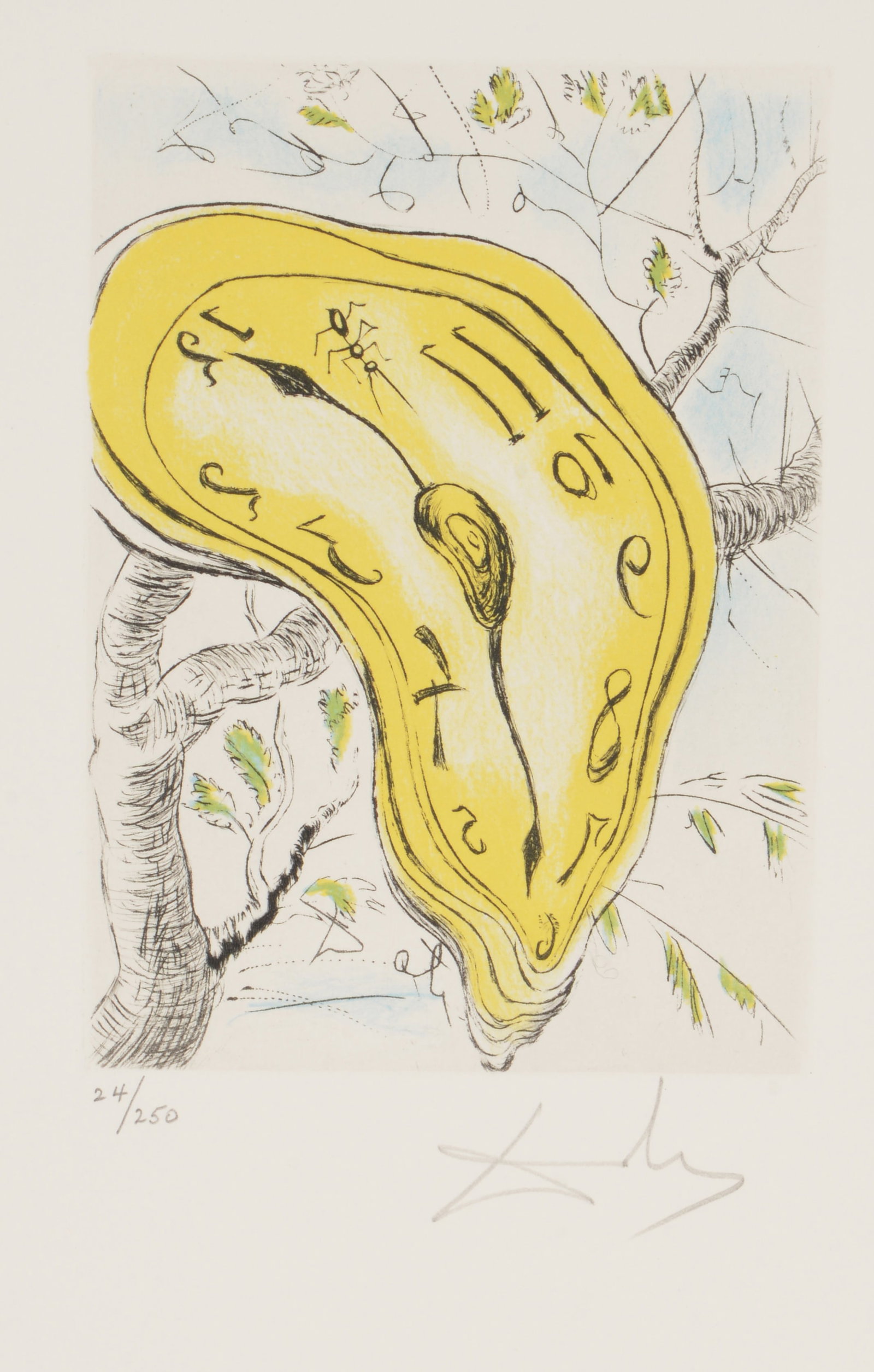 Salvador Dali. "Melting Clock". Etching. Signed and numbered 24/250. Plate size: 6 3/4 x 4 7/8in.: Salvador Dali. "Melting Clock". Etching. Signed and numbered 24/250. Plate size: 6 3/4 x 4 7/8in. Sheet size: 15 x 11in.