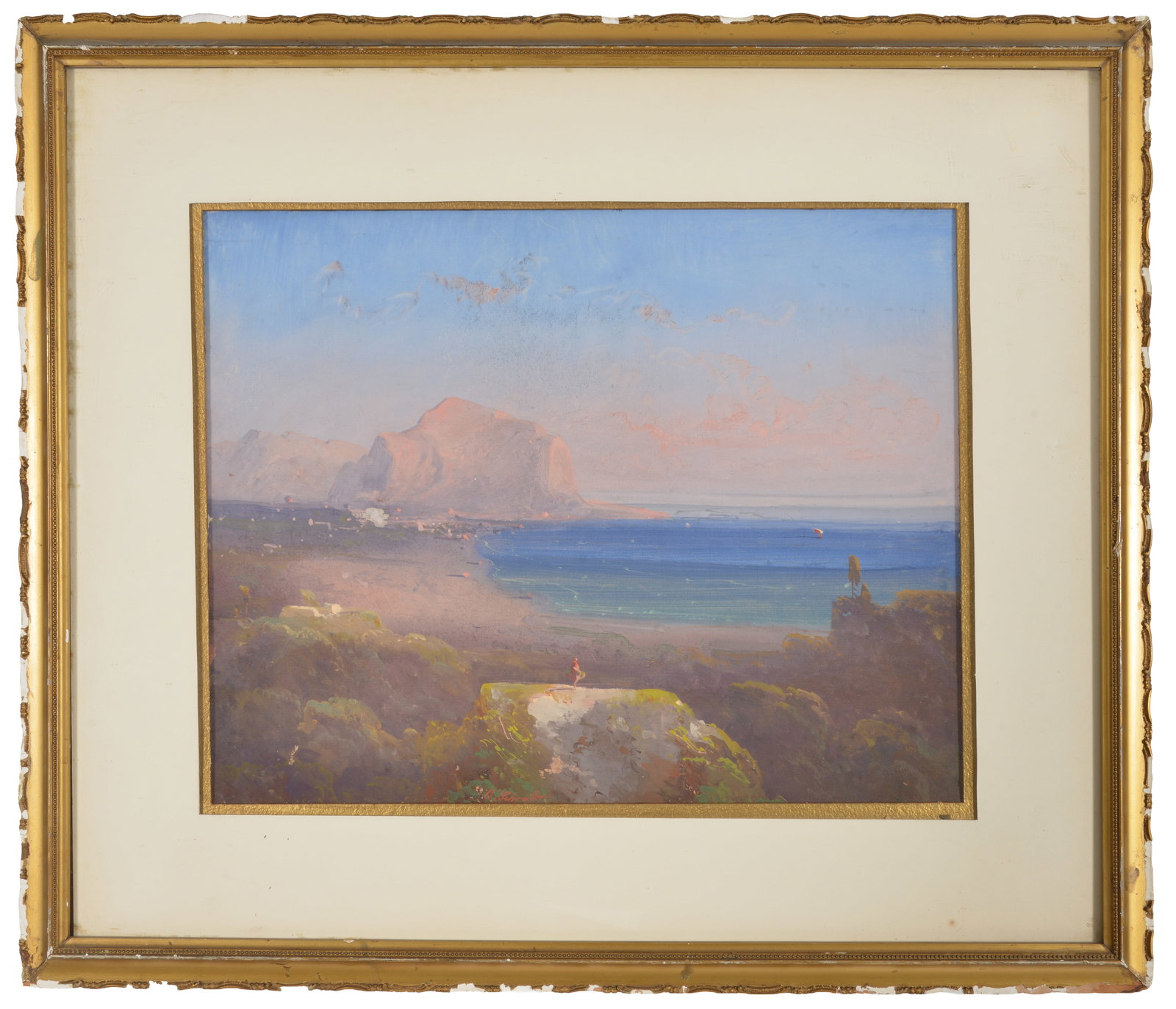 Carl Peter Schreiber. Italian coastal landscape with expansive beach. Mixed media. Signed lower: Carl Peter Schreiber. Italian coastal landscape with expansive beach. Mixed media. Signed lower center. Framed under glass. Sight: 12.5 x 16in. Overall: 21 x 24.5in.