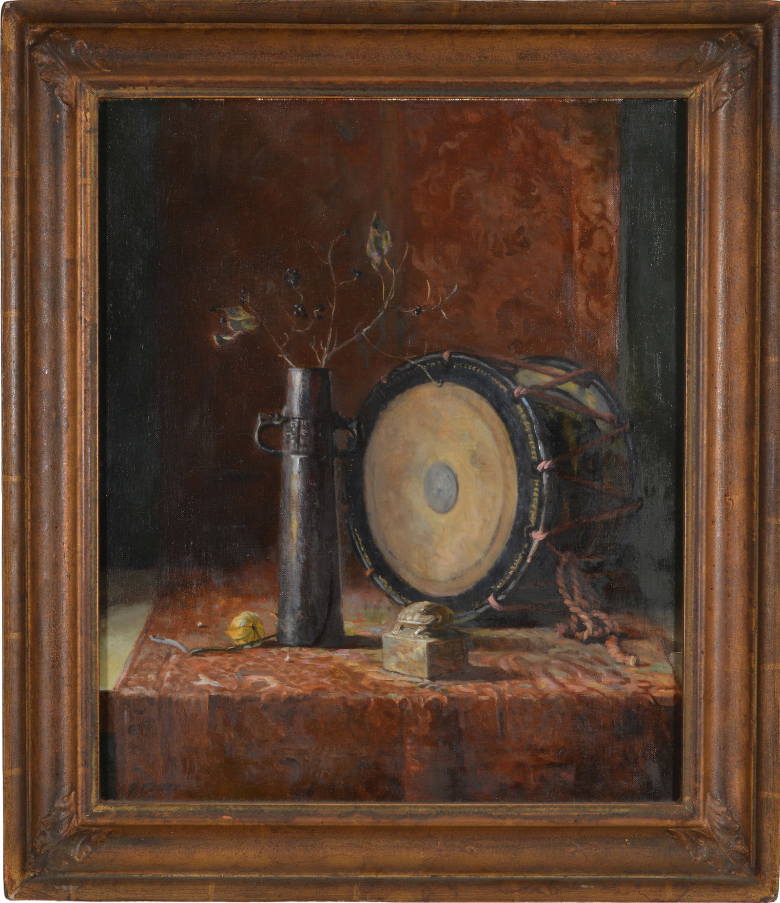 Joan Alex Potter. Tabletop still life of Chinese archaic bronze and seal, drum, and berries. Oil on: Joan Alex Potter. Tabletop still life of Chinese archaic bronze and seal, drum, and berries. Oil on canvas. Signed lower left. Linda McAdoo Galleries label on reverse. Framed. Sight: 24 x 20in. Overal