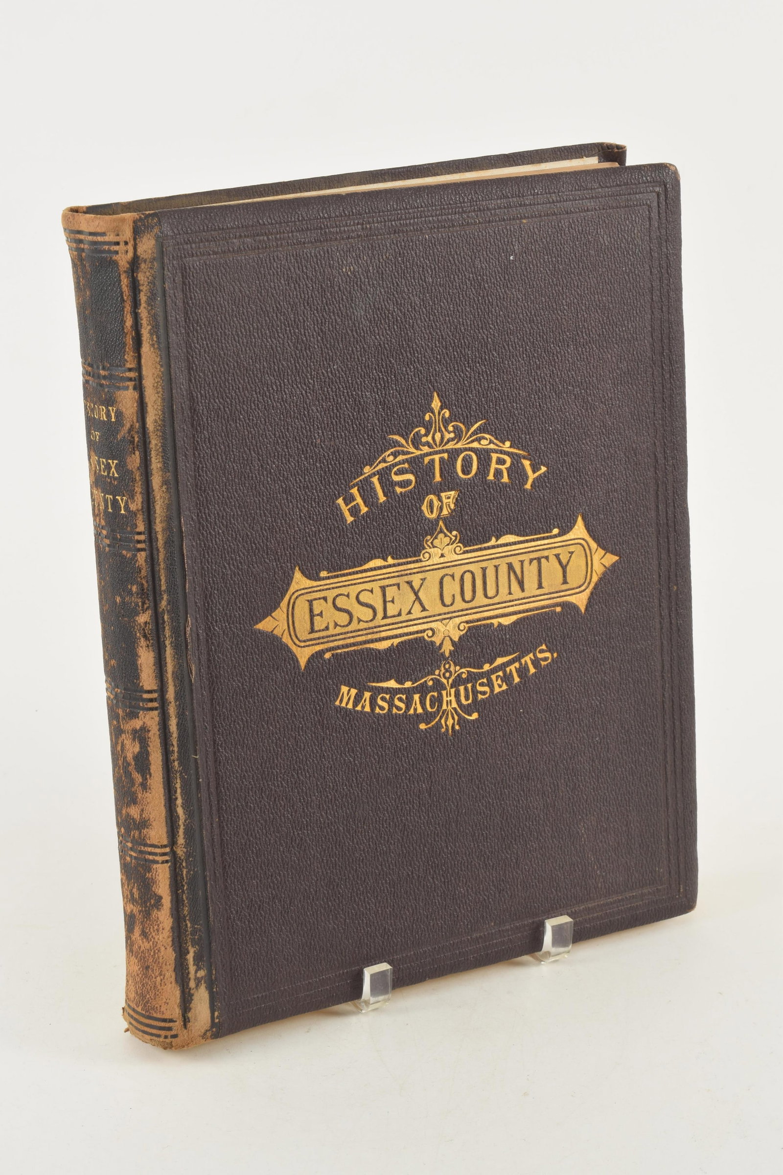 1878 History of Essex County Massachusetts. Fine leather binding with stamped gilt decorated cover.: 1878 History of Essex County Massachusetts. Fine leather binding with stamped gilt decorated cover. Fully gilt page edges. Wear to leather spine. 14.25 x 11.5in.