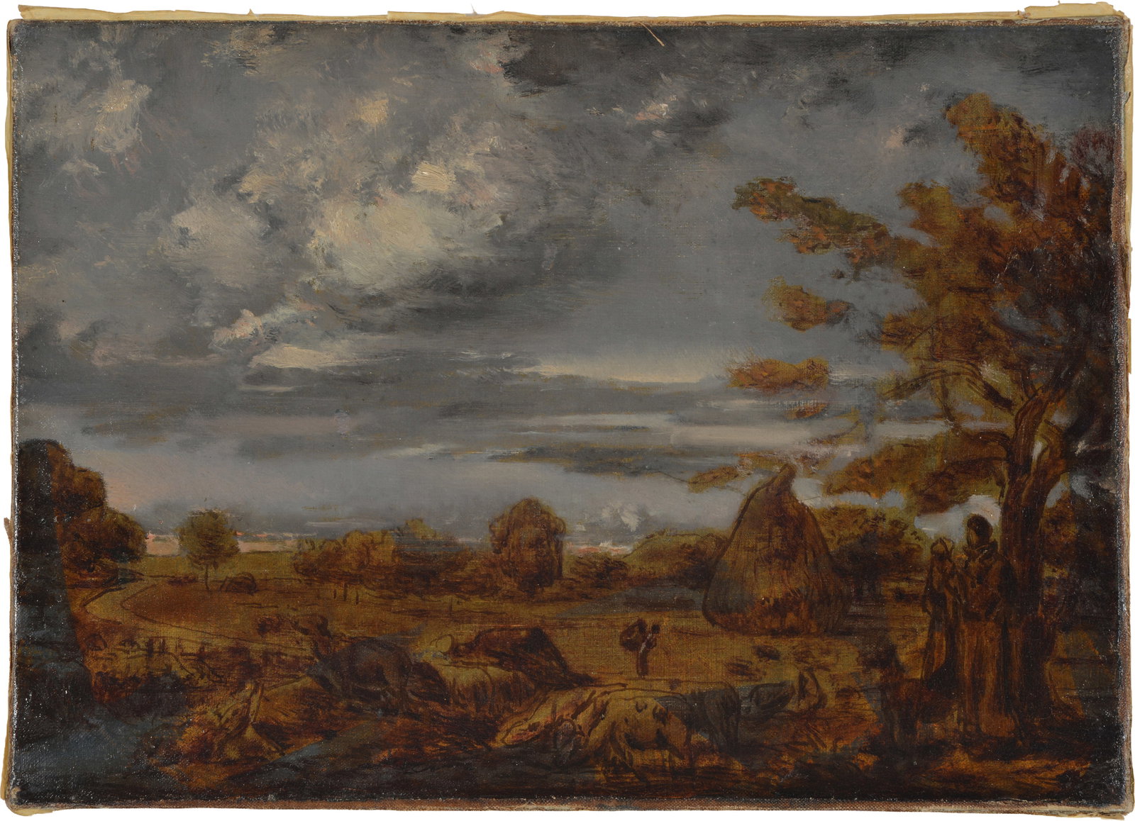 19th century Barbizon school oil sketch of a landscape with figures, hay stacks, and cattle.: 19th century Barbizon school oil sketch of a landscape with figures, hay stacks, and cattle. Possibly by William Babcock. Inscription on stretcher. Oil on canvas. Relined. 13 x 18.25in.
