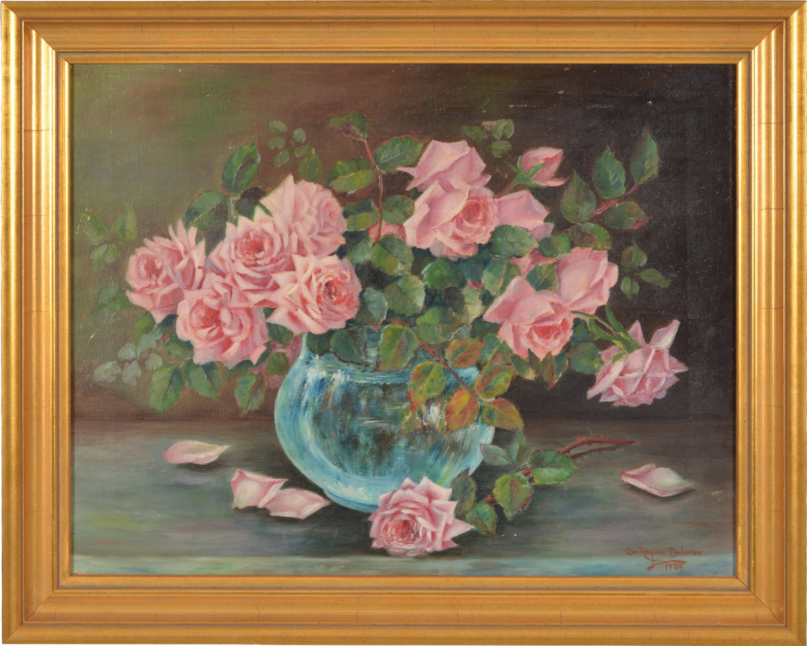 1939 still life of pink roses. Oil on canvas. Signed Sr. Regina Dolores and dated lower right.: 1939 still life of pink roses. Oil on canvas. Signed Sr. Regina Dolores and dated lower right. Framed. Overall: 19.5 x 23.5in.