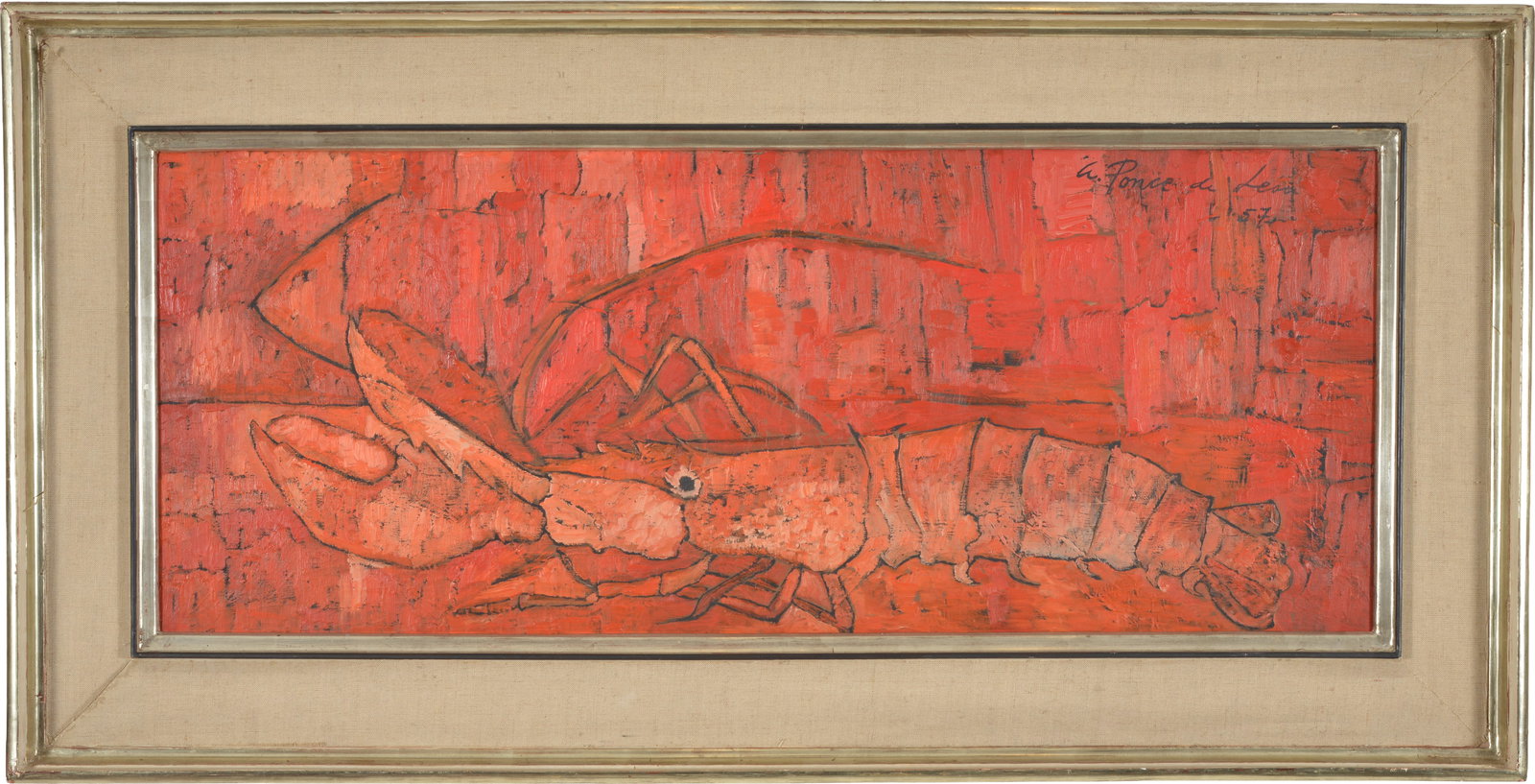 Angel Ponce de Leon. 1957. Mid century modern abstract still life of a lobster. Oil on canvas.: Angel Ponce de Leon. 1957. Mid century modern abstract still life of a lobster. Oil on canvas. Signed and dated upper left. Signed and dated on reverse. Framed. Sight: 13 x 33in. Overall: 20 x 39.5in.