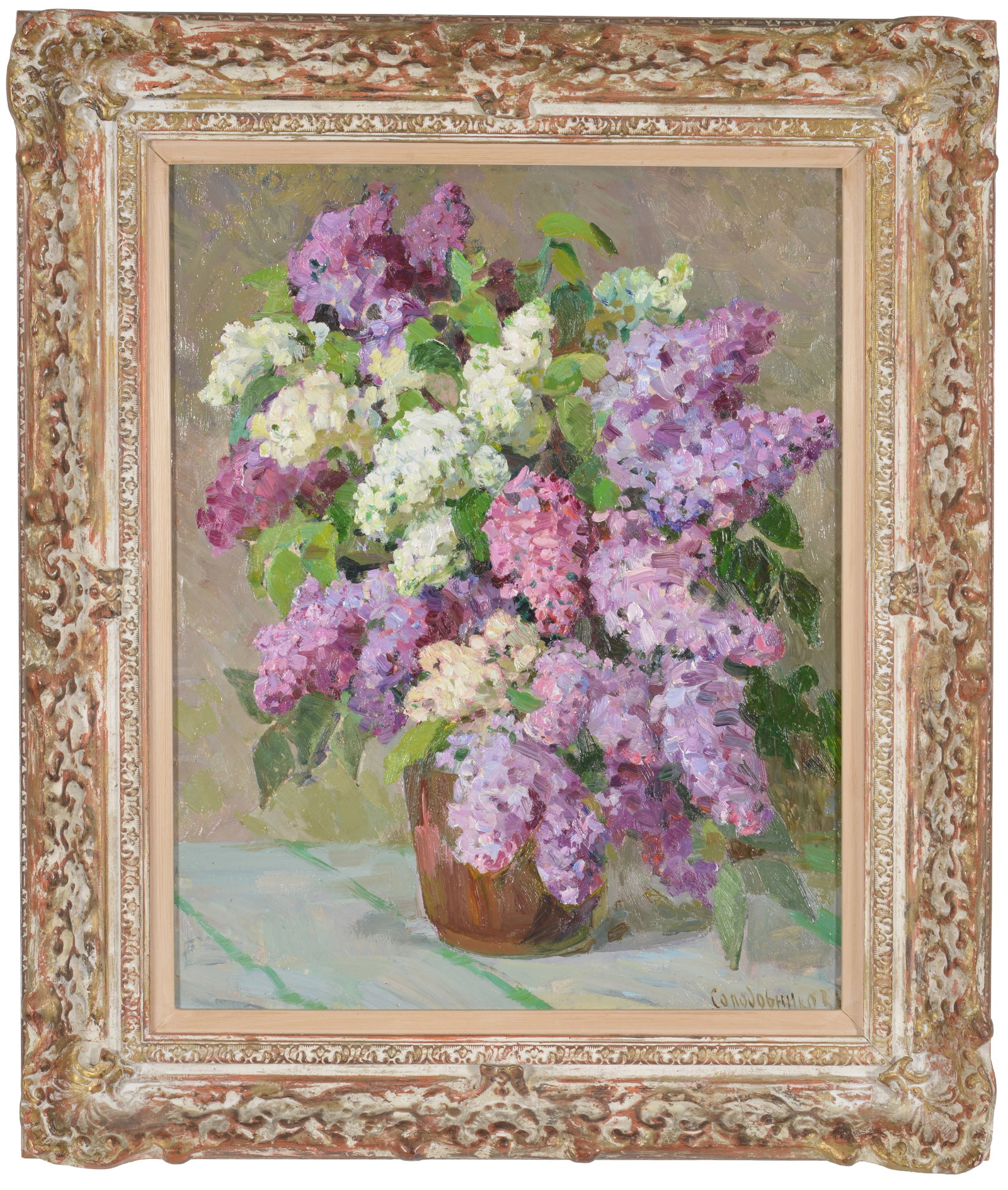 Contemporary still life of white and purple lilacs in a vase. Oil on canvas. Signed lower right in: Contemporary still life of white and purple lilacs in a vase. Oil on canvas. Signed lower right in Cyrillic. Framed. Sight: 20 x 15.75in. Overall: 26 x 21.5in.