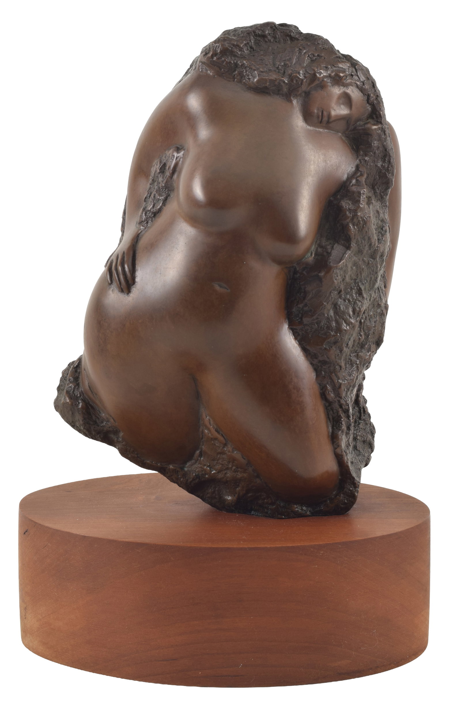 Modernist bronze sculpture of nude figures. Nude female front and reverse with backside of a nude: Modernist bronze sculpture of nude figures. Nude female front and reverse with backside of a nude male on a textured ground. Illegible signature lower backside. Mounted to a wooden stand. Overall heig