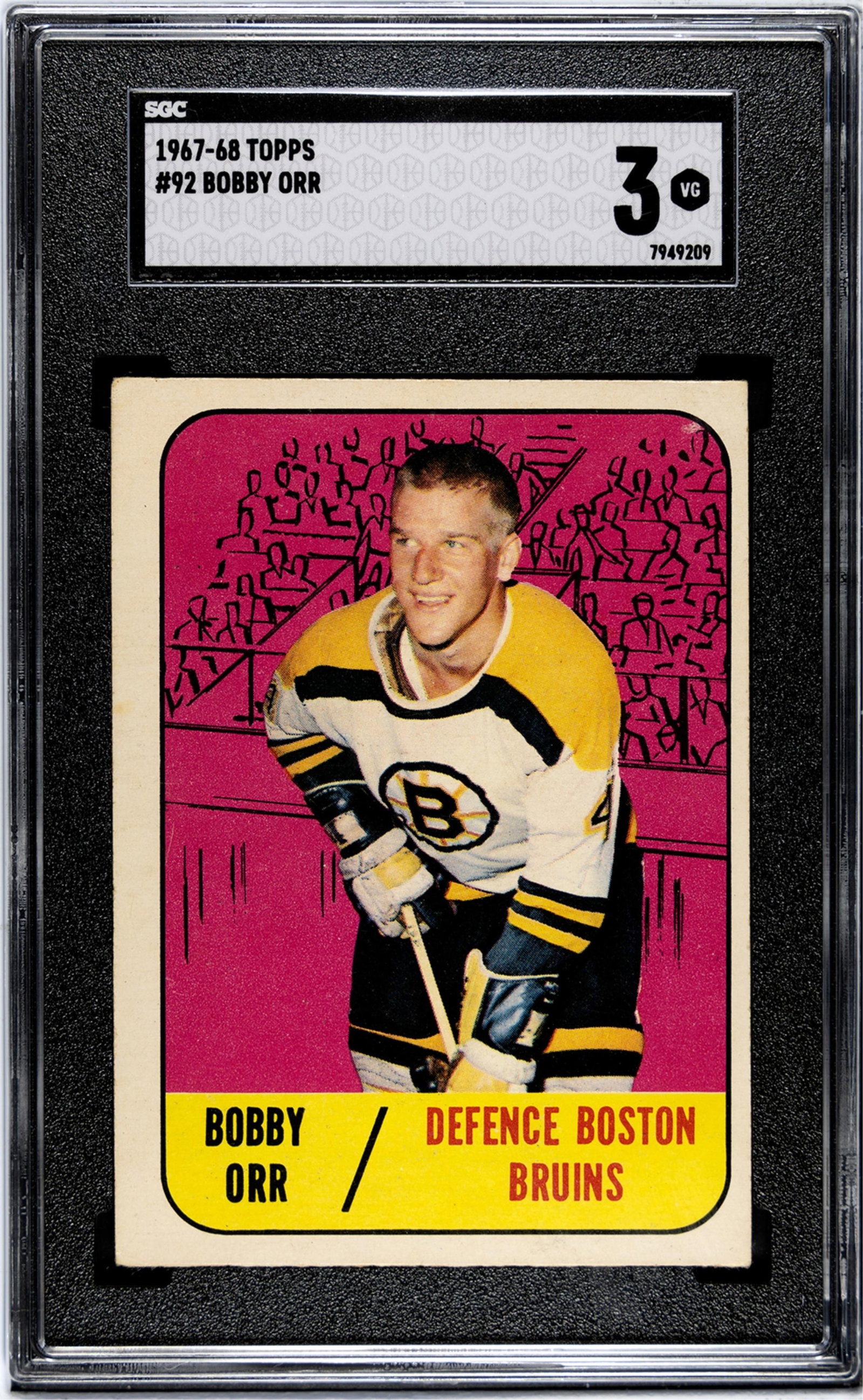 1967-68 Topps #92 Bobby Orr card. SGC Grade 3 VG and Encapsulated.: 1967-68 Topps #92 Bobby Orr card. SGC Grade 3 VG and Encapsulated.