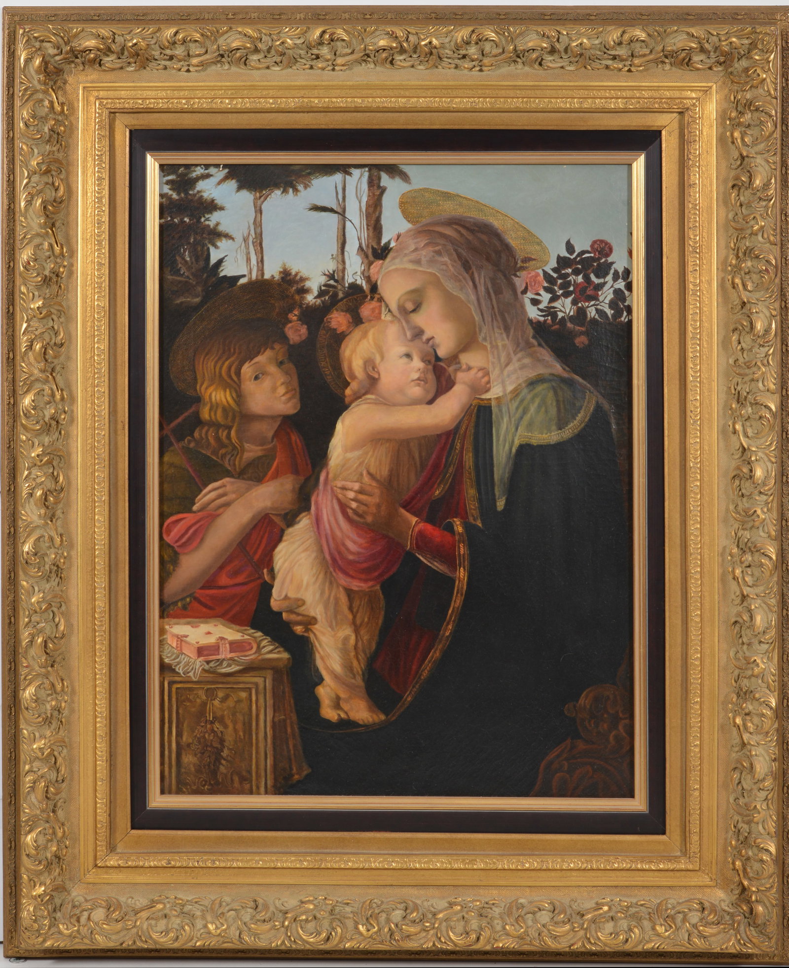 After Sandro Botticelli, 19th Century. Madonna and Child with John the Baptist. Oil on canvas.: After Sandro Botticelli, 19th Century. Madonna and Child with John the Baptist. Oil on canvas. Framed. Patches to reverse, retouched. Image size 36 x 25 1/4 in, overall size 53 x 43 in.