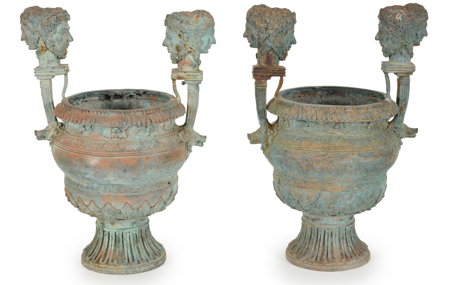 Pair of neoclassical bronze urns, early 20th century. Figural bust handles. 19in high each.: Pair of neoclassical bronze urns, early 20th century. Figural bust handles. 19in high each.