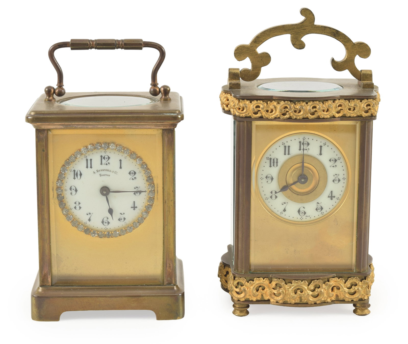2 19th century carriage clocks. French works. One dial marked A. Stowell & Co., Boston. Each about: 2 19th century carriage clocks. French works. One dial marked A. Stowell & Co., Boston. Each about 4.5in high.