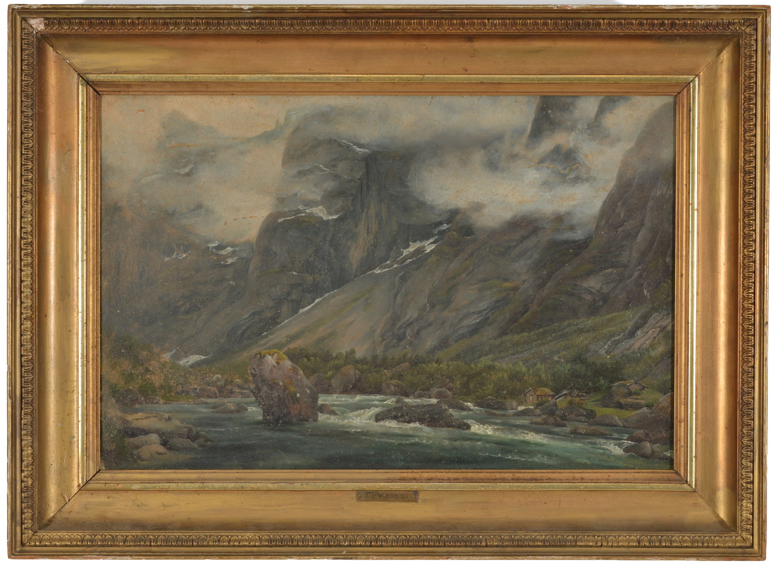 Ernst Christian Frederik Petzholdt. "Bjerglandskab" [Mountain landscape]. Early label on reverse of: Ernst Christian Frederik Petzholdt. "Bjerglandskab" [Mountain landscape]. Early label on reverse of stretcher. Oil on canvas. Repair visible on reverse of upper right corner. Framed. Sight: 12.75 x 19