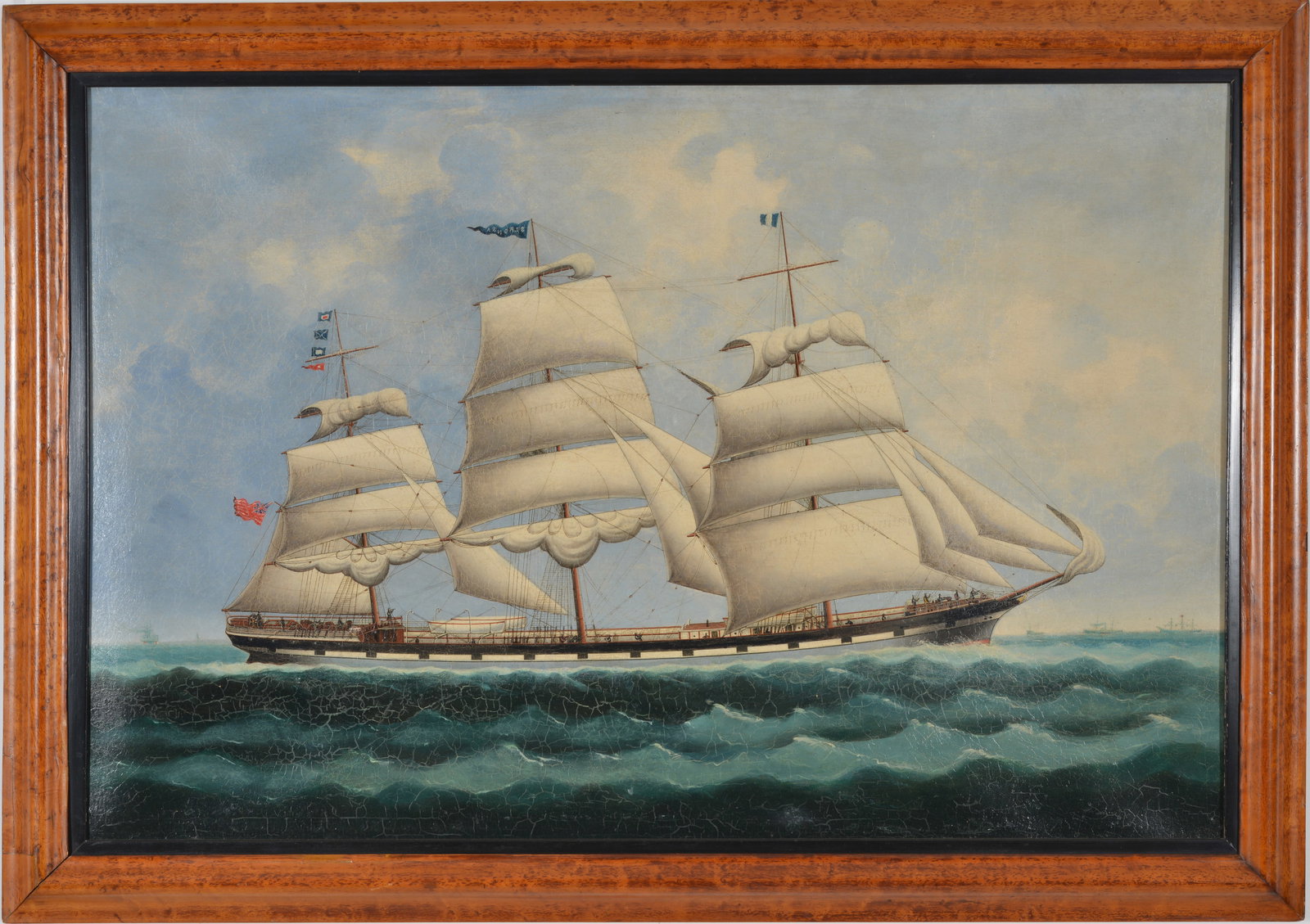 19th century China trade ship's portrait painting of the "S.S. Stronsa". Oil on canvas. Ship: 19th century China trade ship's portrait painting of the "S.S. Stronsa". Oil on canvas. Ship depicted at nearly full-sail flying flags, including one for Great Britain and a pennant at the center mast