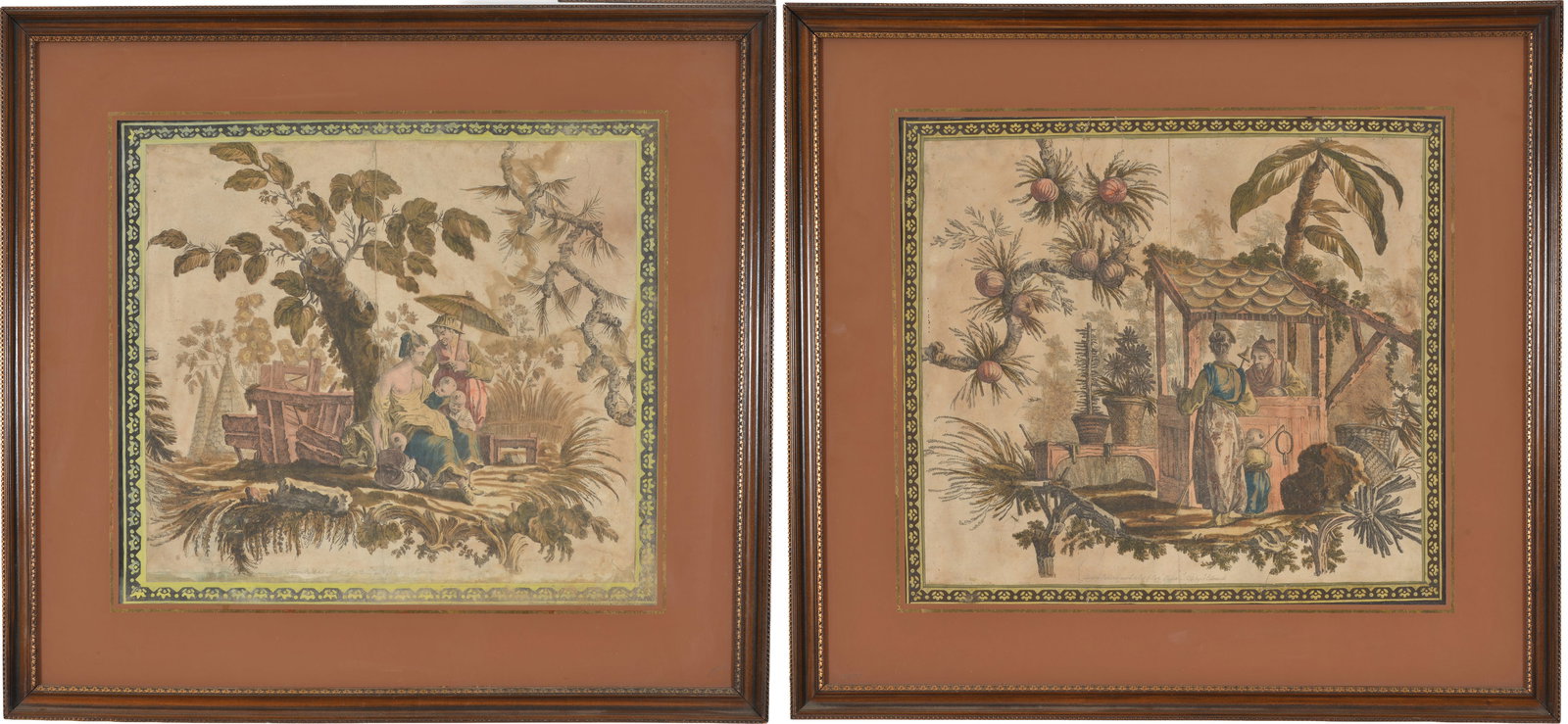 After Jean Baptiste Pillement. 2 engravings of Chinese scenes, ca. 1750. 1) Bare-breasted European: After Jean Baptiste Pillement. 2 engravings of Chinese scenes, ca. 1750. 1) Bare-breasted European woman with Chinese man and children. 2) European woman and child at a Chinese fruit vendor's stall. E