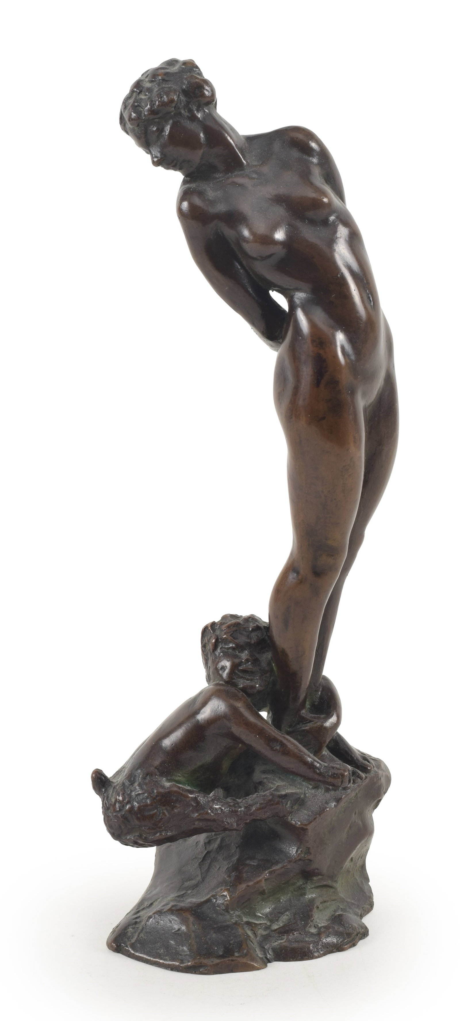 Grace Helen Talbot. Patinated bronze sculpture of a nymph and young satyr. Signed at base. Height 10: Grace Helen Talbot. Patinated bronze sculpture of a nymph and young satyr. Signed at base. Height 10 1/2 in.