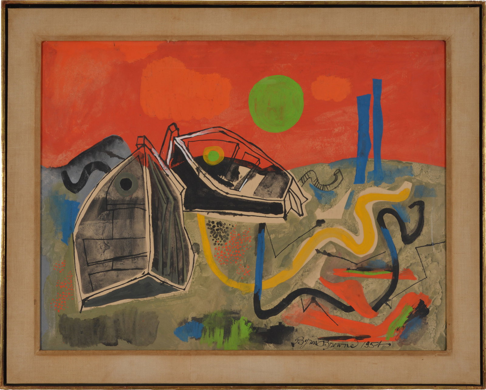 Byron Browne. American 1907-1961. "Boats". 1954 mid century abstract composition with 2 small boats: Byron Browne. American 1907-1961. "Boats". 1954 mid century abstract composition with 2 small boats on the shore. Mixed media watercolor and gouache. Signed and dated lower right. Pencil inscription o