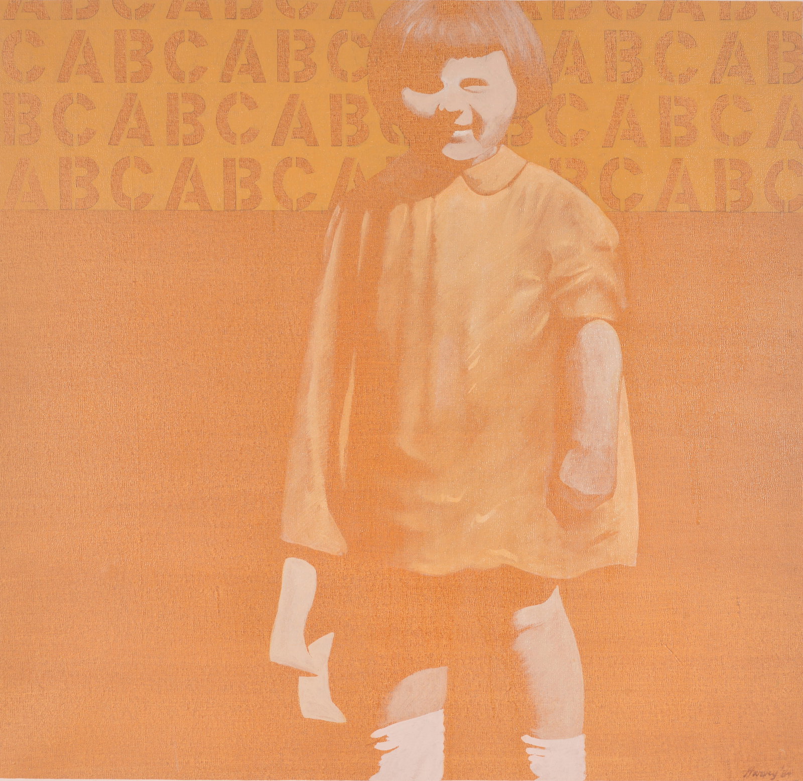 Robert Harvey. Painting of a young girl on orange ground and "ABCs". Oil on canvas. Signed and dated: Robert Harvey. Painting of a young girl on orange ground and "ABCs". Oil on canvas. Signed and dated '84? lower right. Framed. Overall: 35 x 34in.
