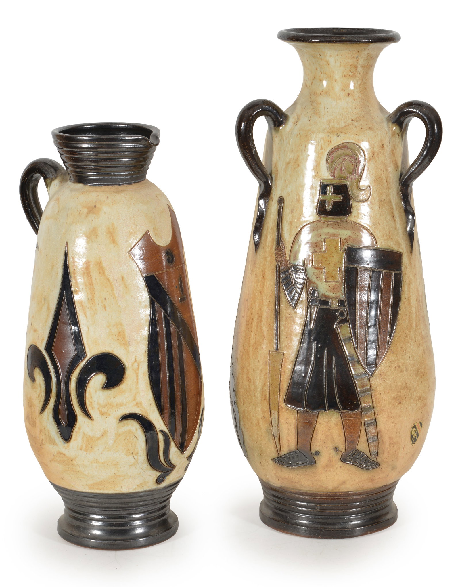 Roger Guerin French Medieval themed art pottery vases. Signed on bases. Handled vase: 23.5in high.: Roger Guerin French Medieval themed art pottery vases. Signed on bases. Handled vase: 23.5in high.