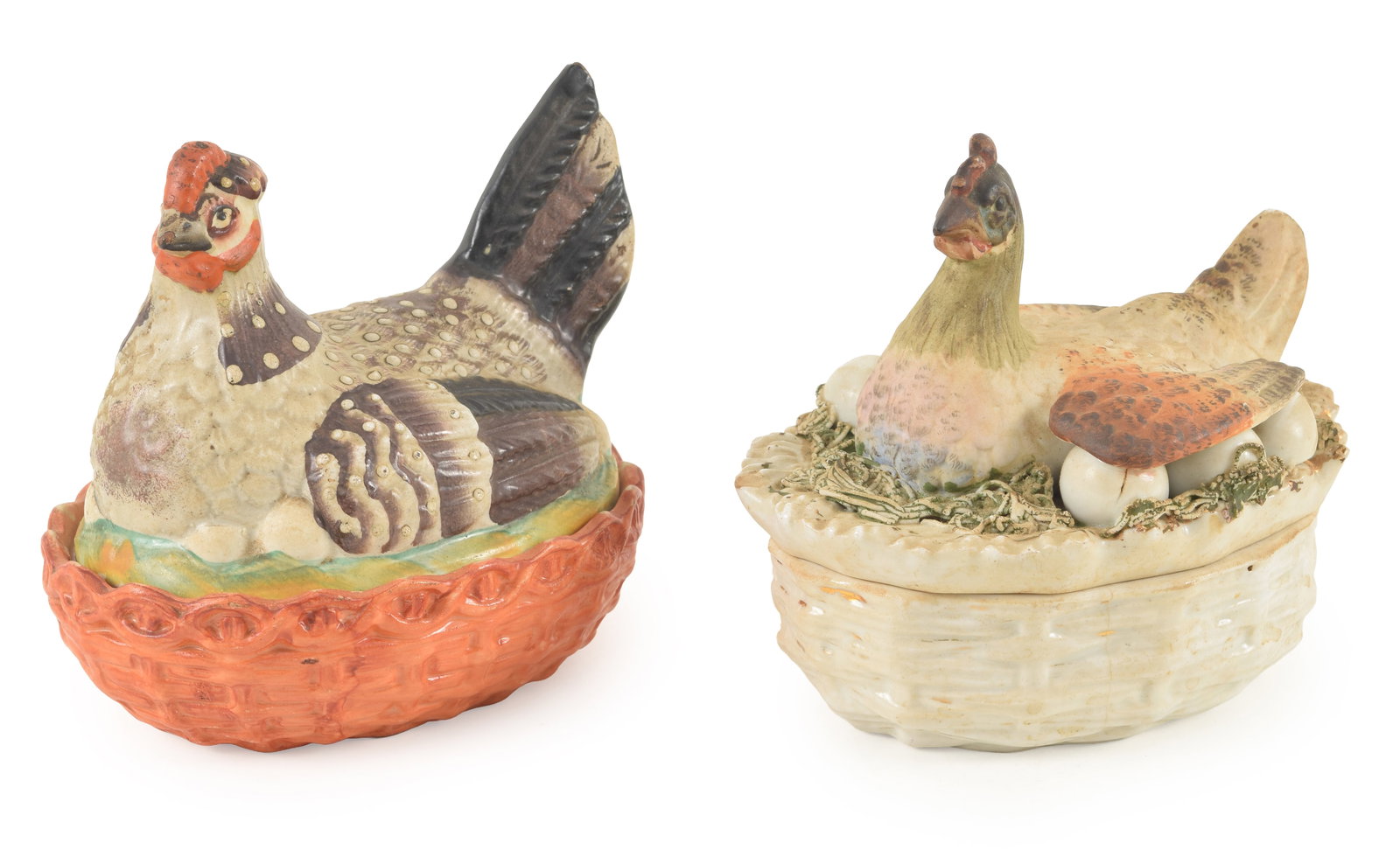 Antique Staffordshire covered baskets adorned with roosting hens and eggs. 5.25in high each.: Antique Staffordshire covered baskets adorned with roosting hens and eggs. 5.25in high each.