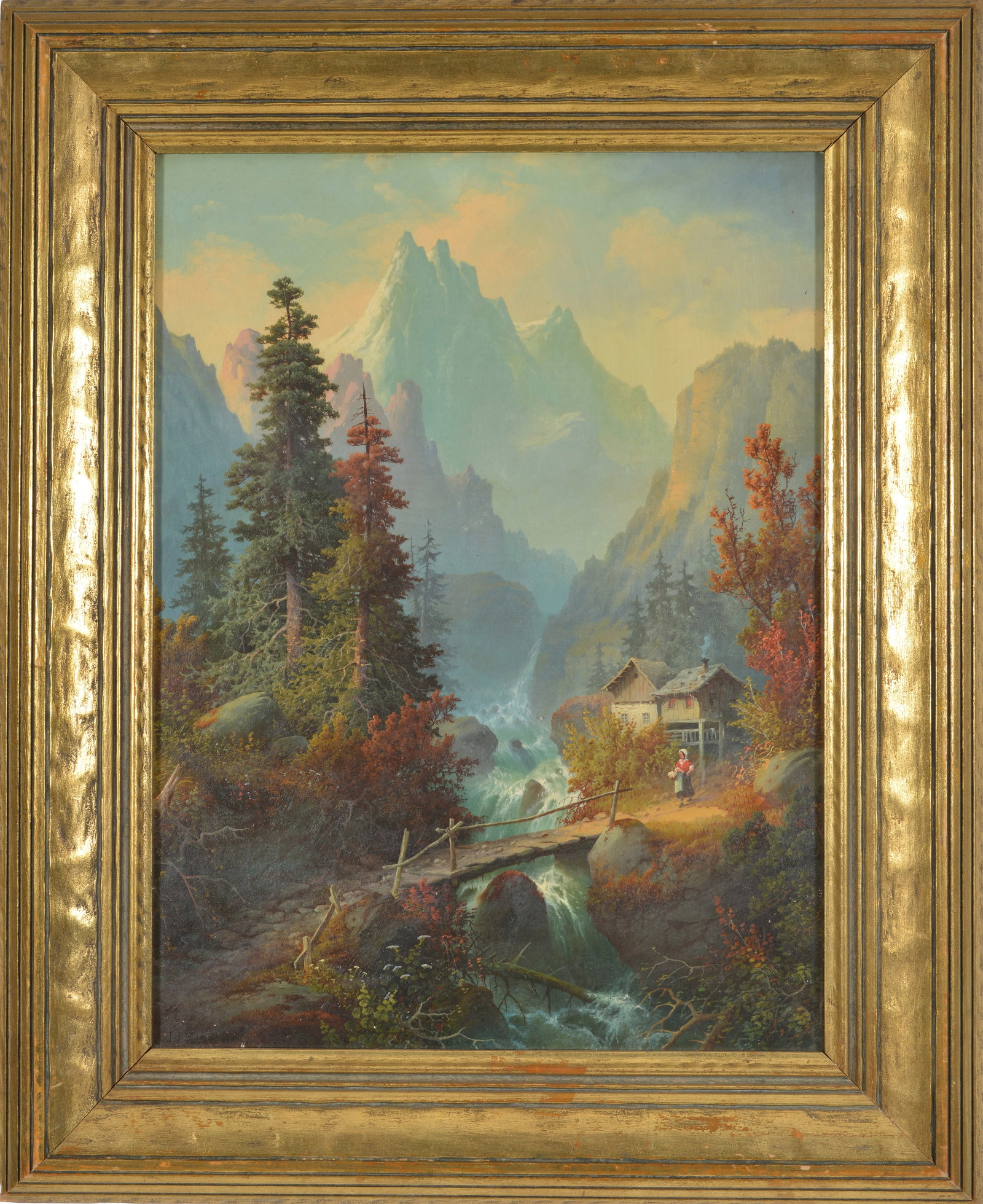 Signed 19th century Alpine landscape with house and woman walking along a path. Oil on canvas.: Signed 19th century Alpine landscape with house and woman walking along a path. Oil on canvas. Framed under glass. Signed lower left (J.J. Zeny?). Sight: 23.5 x 17.25in. Overall: 31.5 x 25.25in.