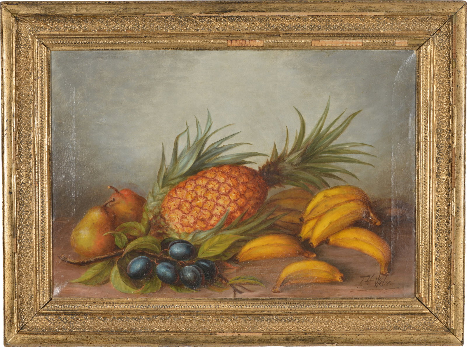 Signed early 20th century still life of tropical fruit, including pineapples and bananas. Oil on: Signed early 20th century still life of tropical fruit, including pineapples and bananas. Oil on canvas. Signed lower right. Framed. Stretcher marks. Losses to frame. Overall: 26.5 x 34.5in.
