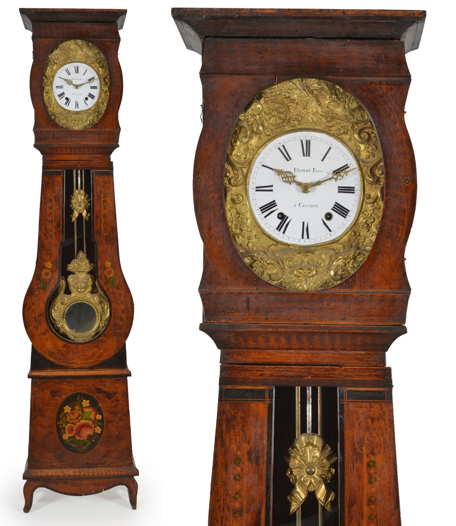 French Provincial Comtoise paint decorated tall case clock with enamel dial signed Ettienne Pierre.: French Provincial Comtoise paint decorated tall case clock with enamel dial signed Ettienne Pierre. The shaped case with glazed pendulum door and brass decorated pendulum. Cast iron weights. Height 89