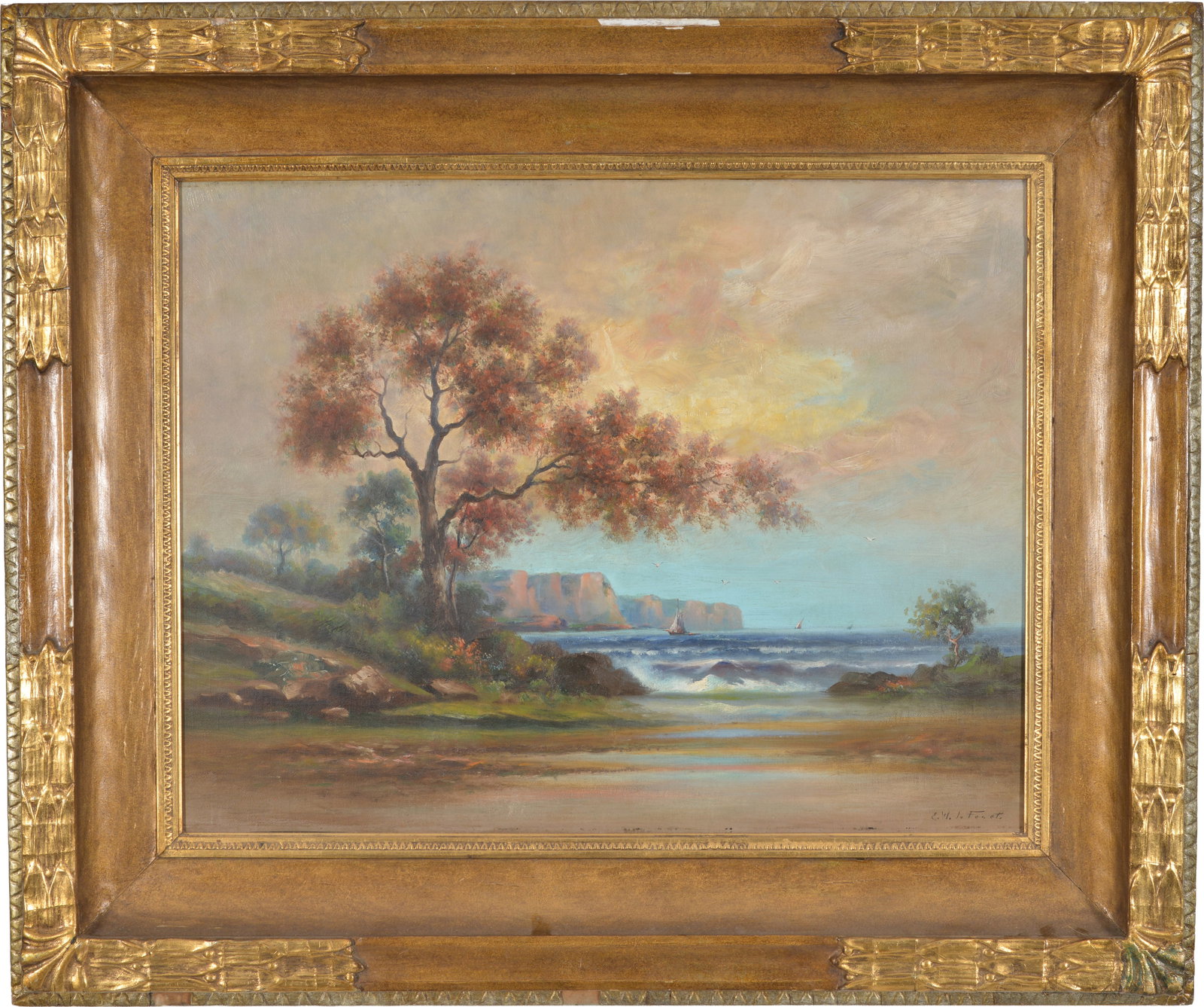 19th/20th century signed coastal landscape. Oil on canvas board. Signed lower right. Framed.: 19th/20th century signed coastal landscape. Oil on canvas board. Signed lower right. Framed. Overall: 30.5 x 37in.