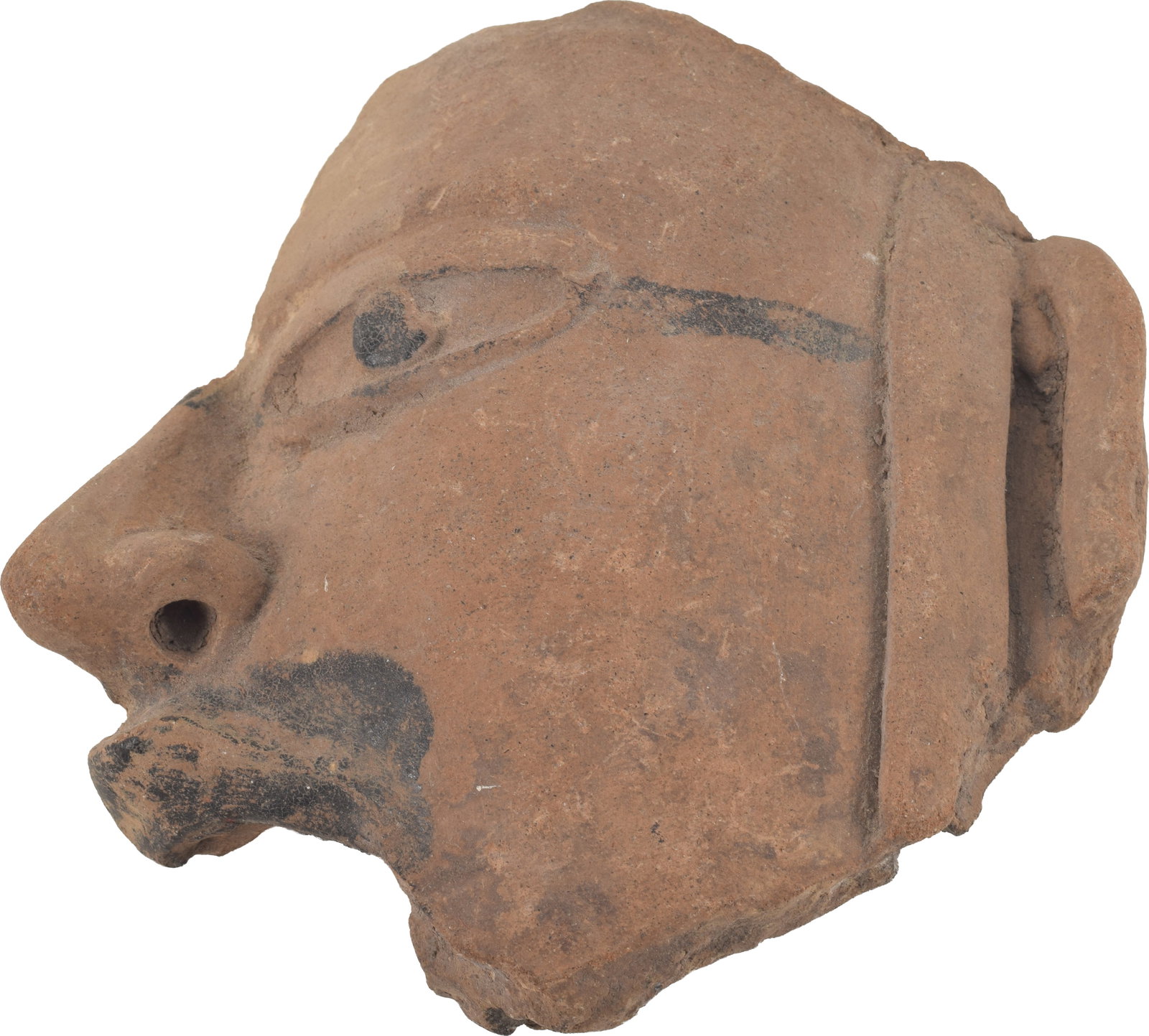 Pottery fragment of a head, possibly southeast Asia. Paint decorated features. 5.25in wide.: Pottery fragment of a head, possibly southeast Asia. Paint decorated features. 5.25in wide.