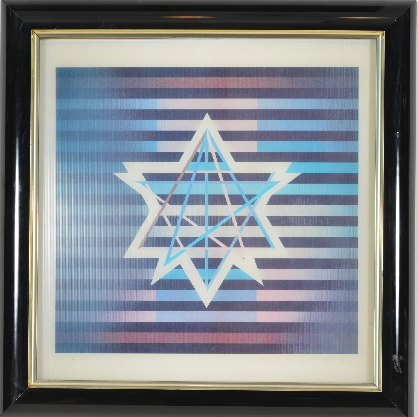 Yacov Agam. "Star of David" agamograph. Framed under glass. Inscribed on reverse. Overall: 17.5 x: Yacov Agam. "Star of David" agamograph. Framed under glass. Inscribed on reverse. Overall: 17.5 x 17.25in.