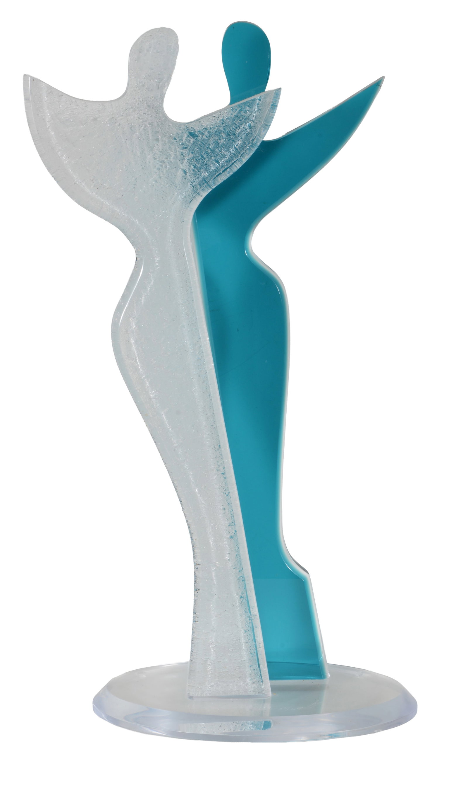 Alfred Gockel. Lucite sculpture of blue and clear dancing figures. Signed and numbered 33/45 on: Alfred Gockel. Lucite sculpture of blue and clear dancing figures. Signed and numbered 33/45 on base. 28.5in high.