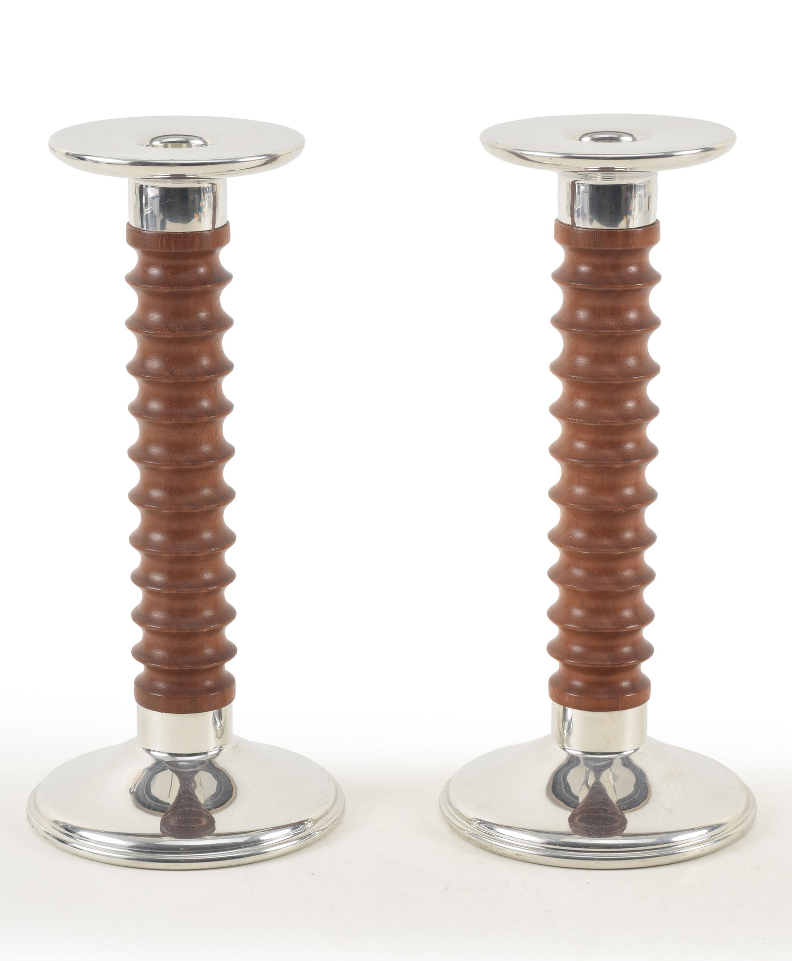 Mid Century Modern style turned wood and metal candlesticks. Monogrammed on underside. 9in high.: Mid Century Modern style turned wood and metal candlesticks. Monogrammed on underside. 9in high.