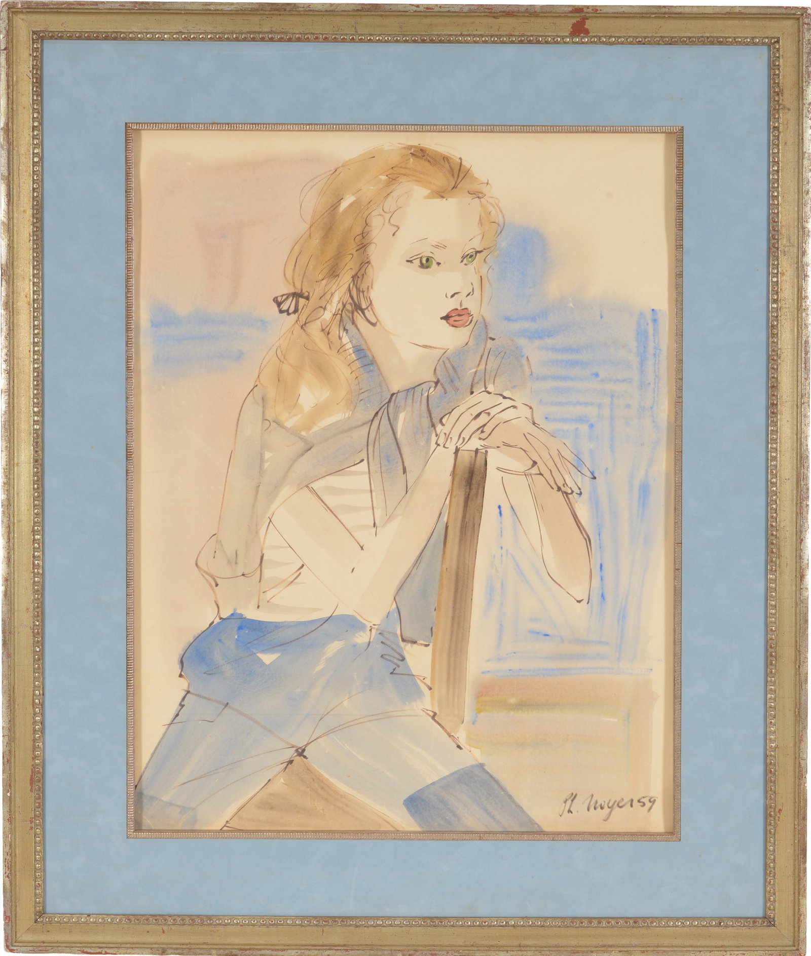 P.L Myers mid century sketch portrait of a young woman. Watercolor and ink on paper. Signed and: P.L Myers mid century sketch portrait of a young woman. Watercolor and ink on paper. Signed and dated 1959 lower right. Framed under glass. Overall: 33.5 x 27.5in.