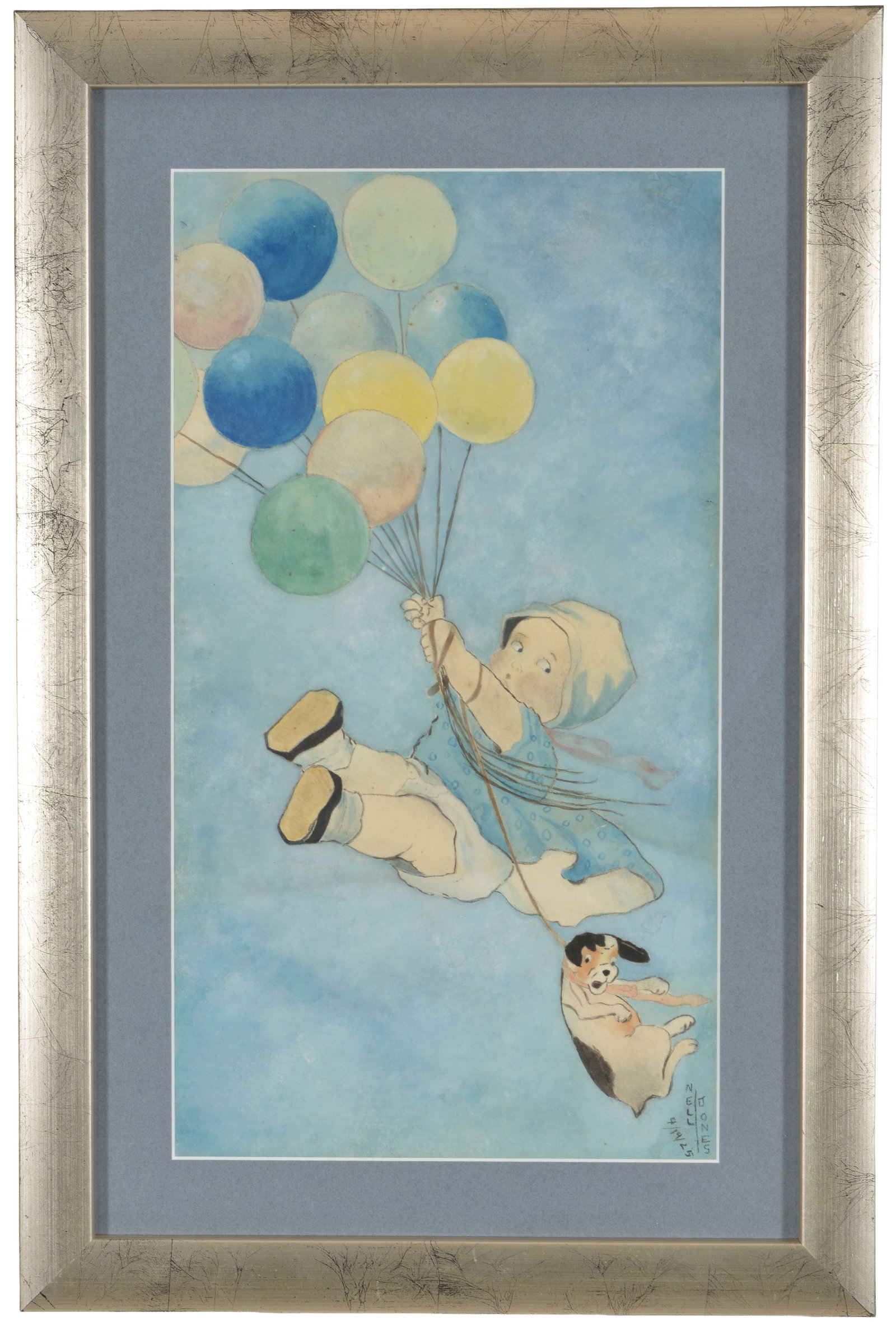 Nell Jones. Illustration style watercolor of a young child and dog being lifted by a bundle of: Nell Jones. Illustration style watercolor of a young child and dog being lifted by a bundle of balloons. Signed and dated 4/14/25 lower right. Framed under glass. Sight: 19 x 10.5in. Overall: 25 x 16.