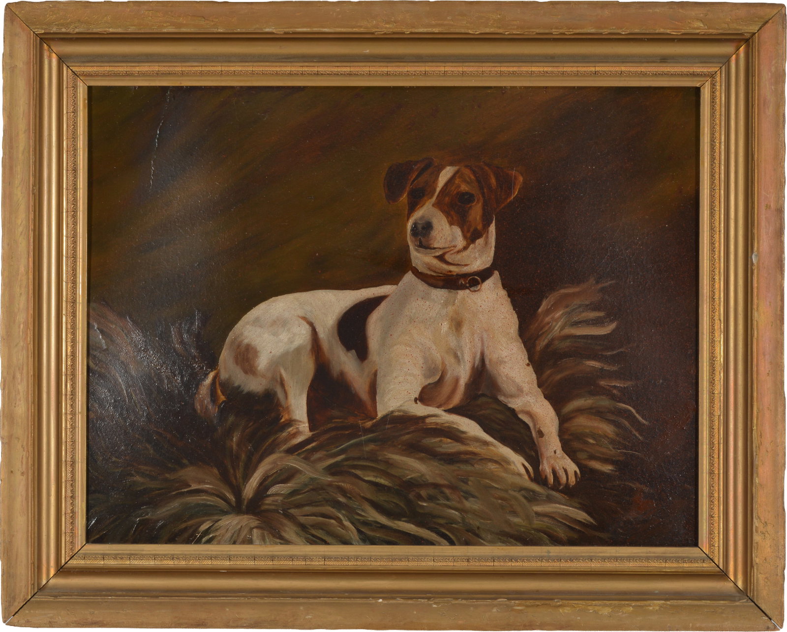 Early 20th century dog portrait of a Jack Russel Terrier. Oil on board. Framed. Overall: 24 x: Early 20th century dog portrait of a Jack Russel Terrier. Oil on board. Framed. Overall: 24 x 30.25in.