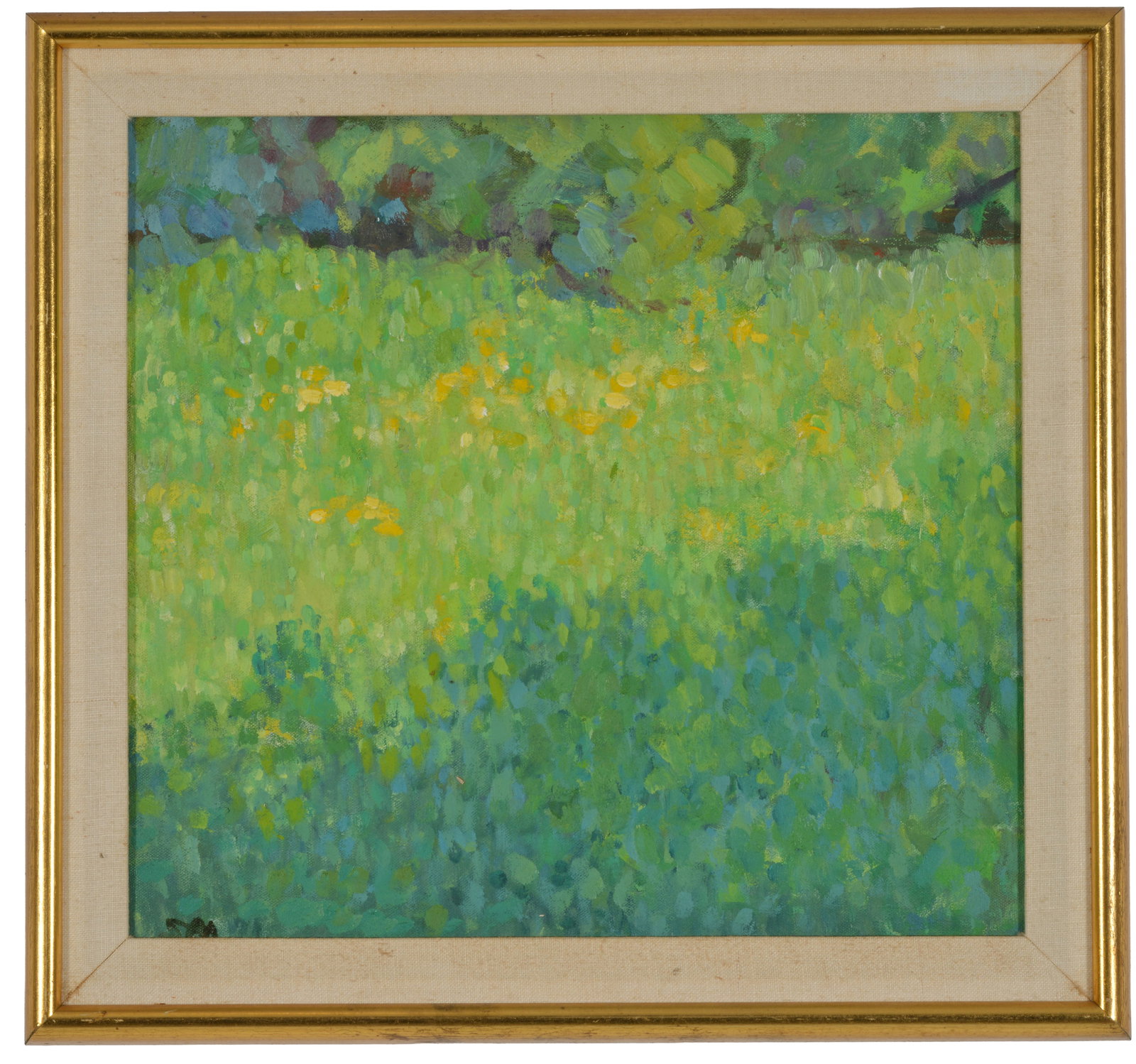 Impressionist painting of wildflowers. 20th century. "Dandelion Lawn". Oil on canvas. Monogrammed: Impressionist painting of wildflowers. 20th century. "Dandelion Lawn". Oil on canvas. Monogrammed lower left. Titled and inscribed on reverse with possible artist name. Framed. Sight: 14 x 15in. Overa