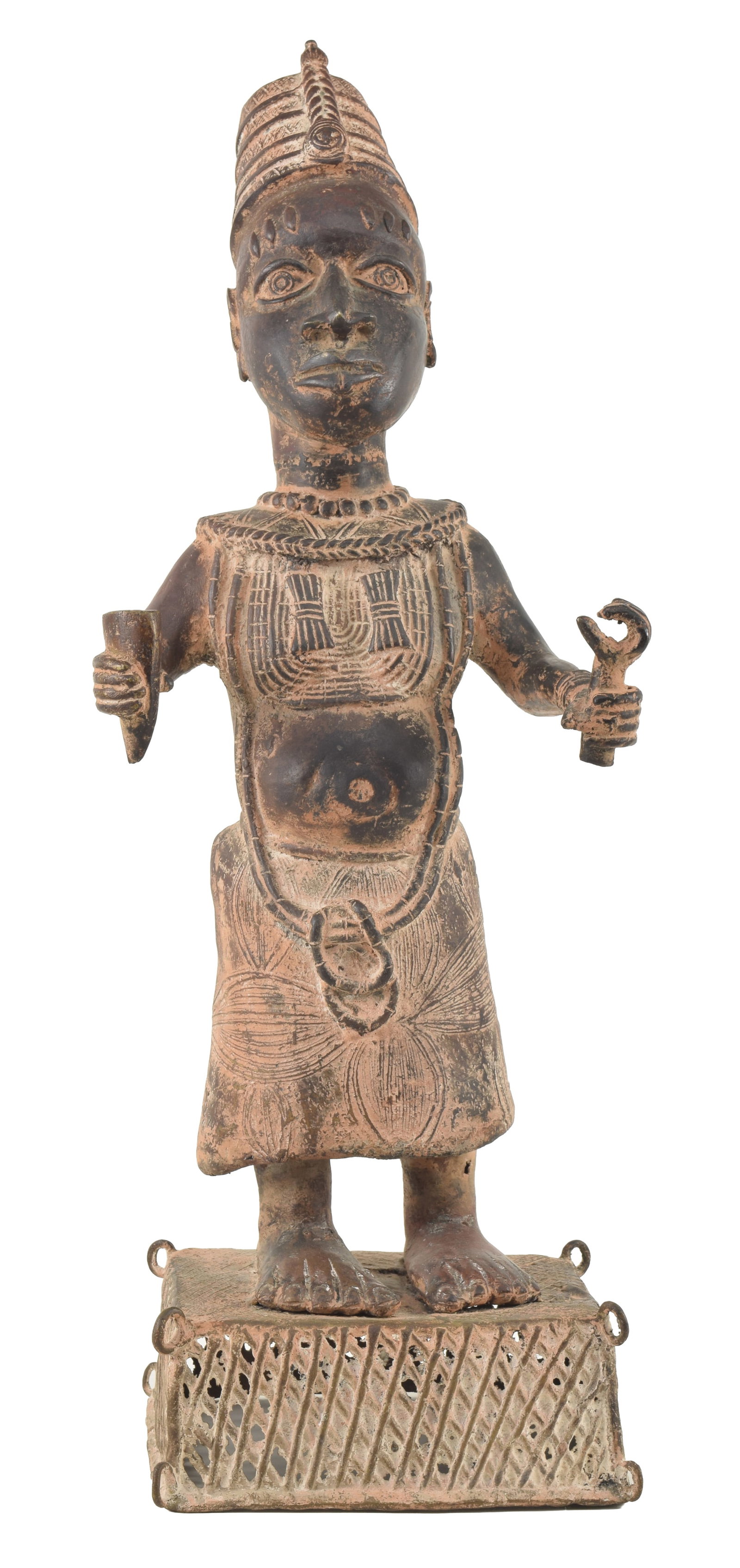 African bronze sculpture of a figure in ceremonial garb. 27in high.: African bronze sculpture of a figure in ceremonial garb. 27in high.