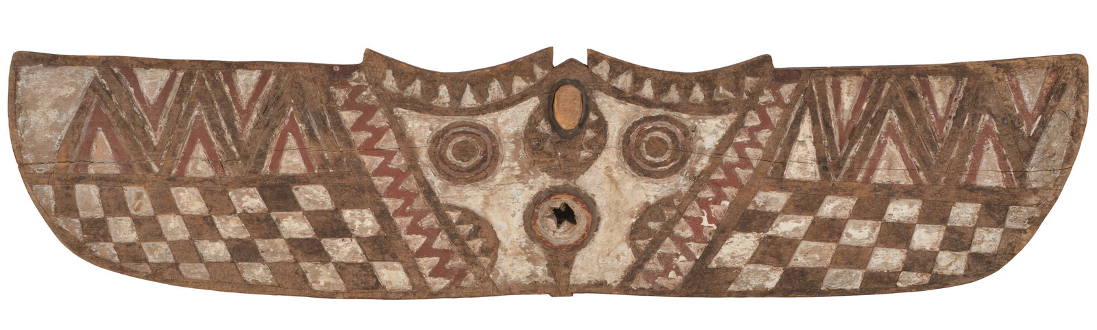 New Guinea polychrome decorated wood carving. 43in wide.: New Guinea polychrome decorated wood carving. 43in wide.