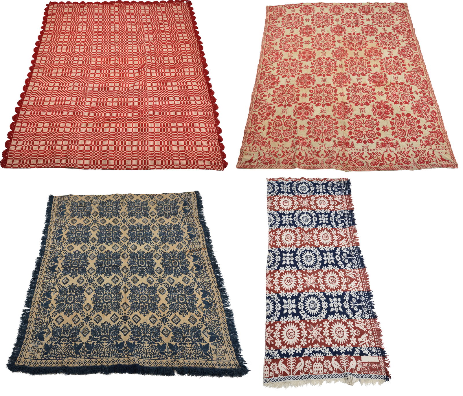 4 Jacquard coverlets including: Red, White - Floral, seamed, roses - Cotton, Wool. J. Conger, 1837: 4 Jacquard coverlets including: Red, White - Floral, seamed, roses - Cotton, Wool. J. Conger, 1837 NY. 81 x 90; Red/Burgundy, White - Geometric, overshot, seam 3 pieces. Unsigned. 66 x 83; Navy, Cream