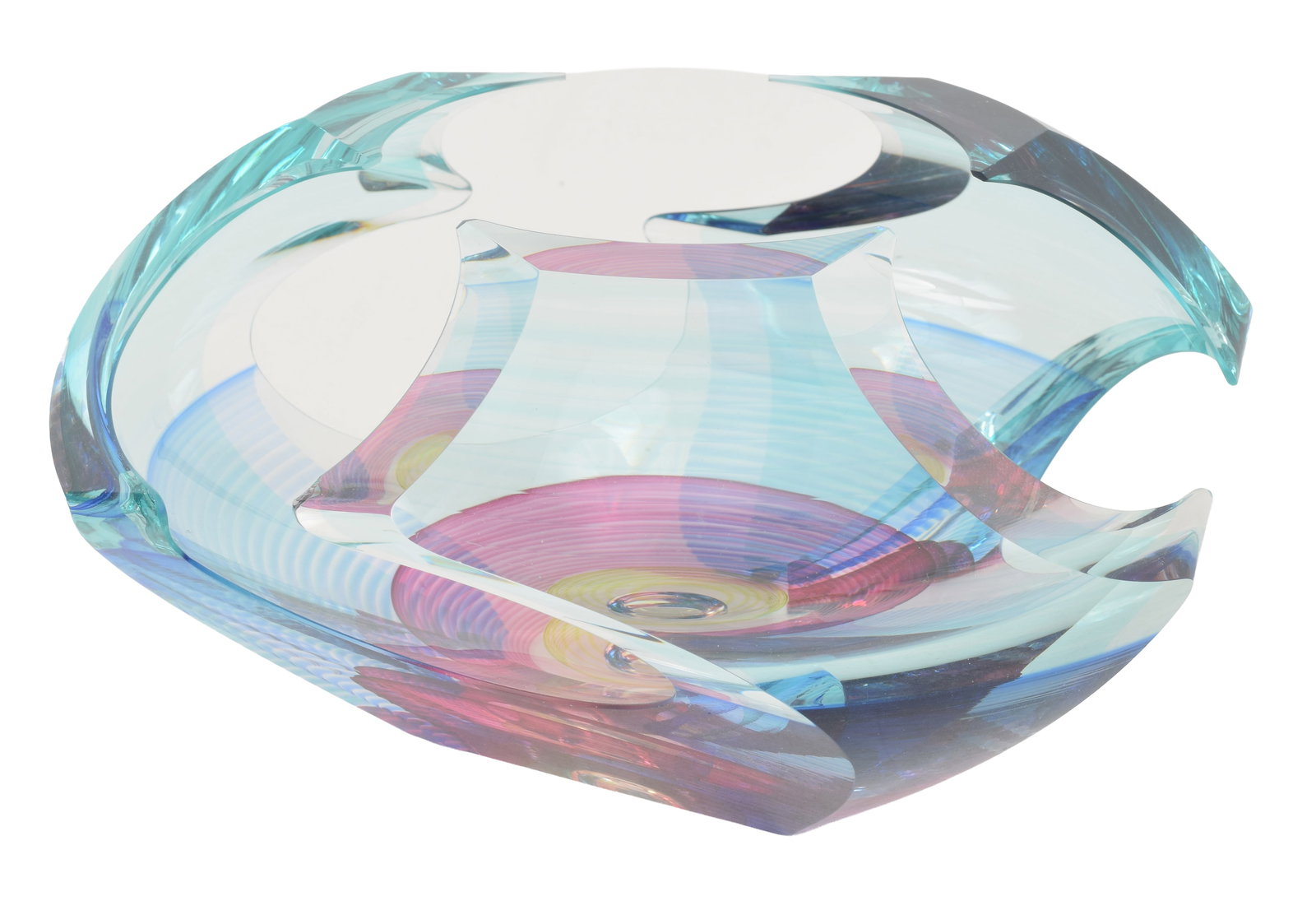 Michael David & Kit Karbler "Vortex" art glass bowl sculpture. Aqua colored glass with rings of blue: Michael David & Kit Karbler "Vortex" art glass bowl sculpture. Aqua colored glass with rings of blue, pink/red, and yellow. Signed on underside. 9.5in diameter. 5.5in high.