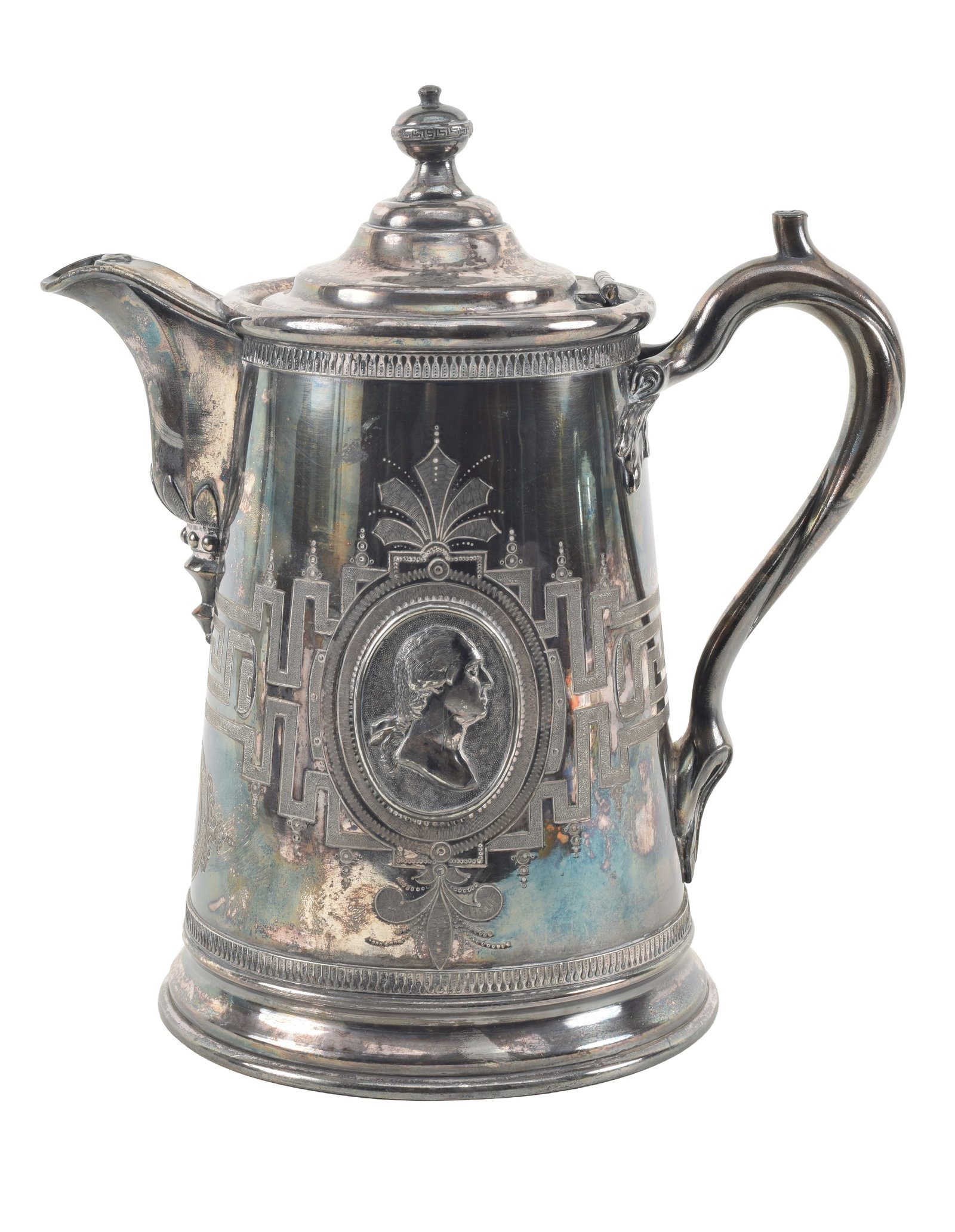 George Washington decorated large silver plated pitcher by J.F. Curran & Co., New York, ca. 1880.: George Washington decorated large silver plated pitcher by J.F. Curran & Co., New York, ca. 1880. Engraved aesthetic geometric decoration frames relief profile busts of Washington. Faceted spout suppo
