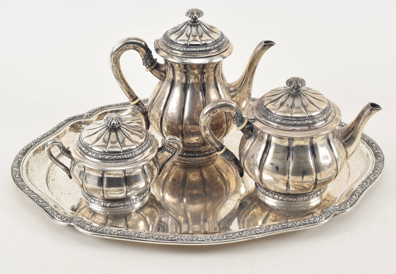 German 800 silver 4-piece tea set including matching tray. Hallmarked and marked 800. 91.29 ozt (1 of 16)