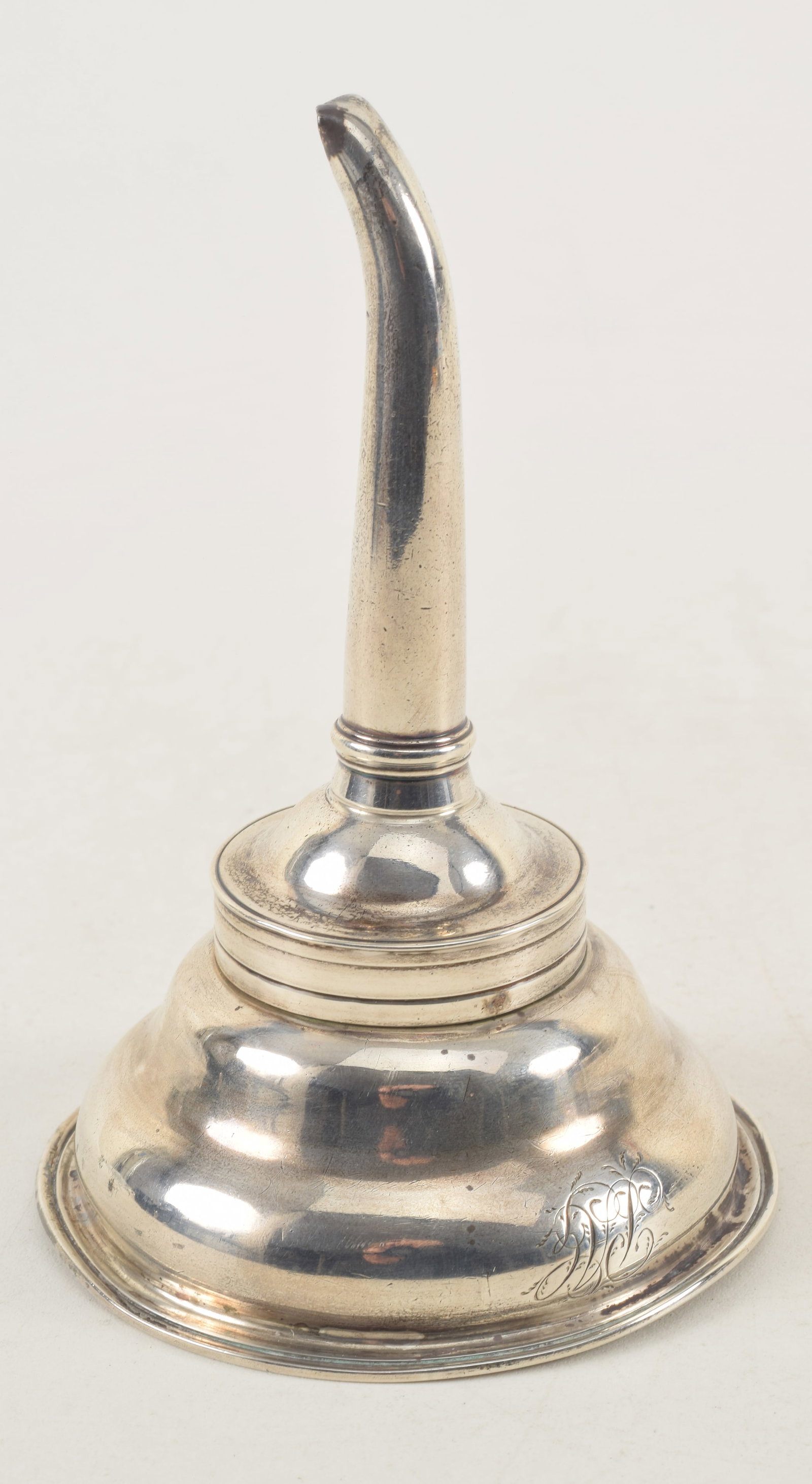English 19th Century sterling silver wine funnel, partial hallmarks, monogrammed. Loop handle: English 19th Century sterling silver wine funnel, partial hallmarks, monogrammed. Loop handle missing, some minor damages. Length 5 1/4 in. 2.8 ozt