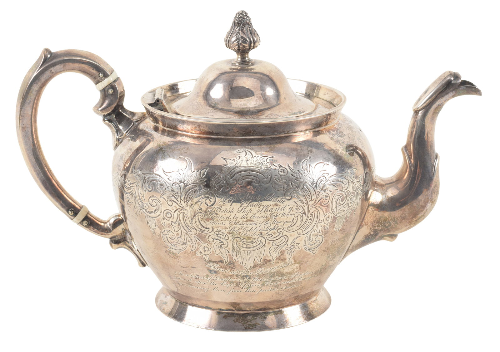 [Nautical interest] Unusual 1853 coin silver teapot presented for maritime rescue. Inscription (1 of 9)